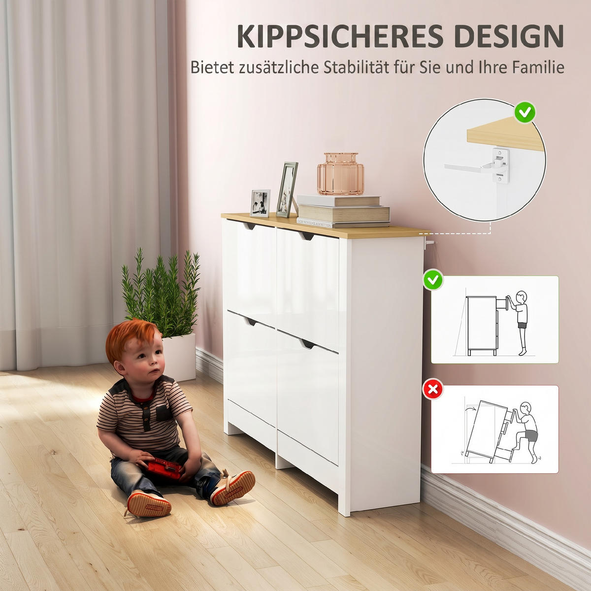 SCHUHSCHRANK,SCHMAL 4 Klappfächer 105x26x80cm,weiß+natur - Weiß, Holzwerkstoff (105/80/26cm) - Vallsero