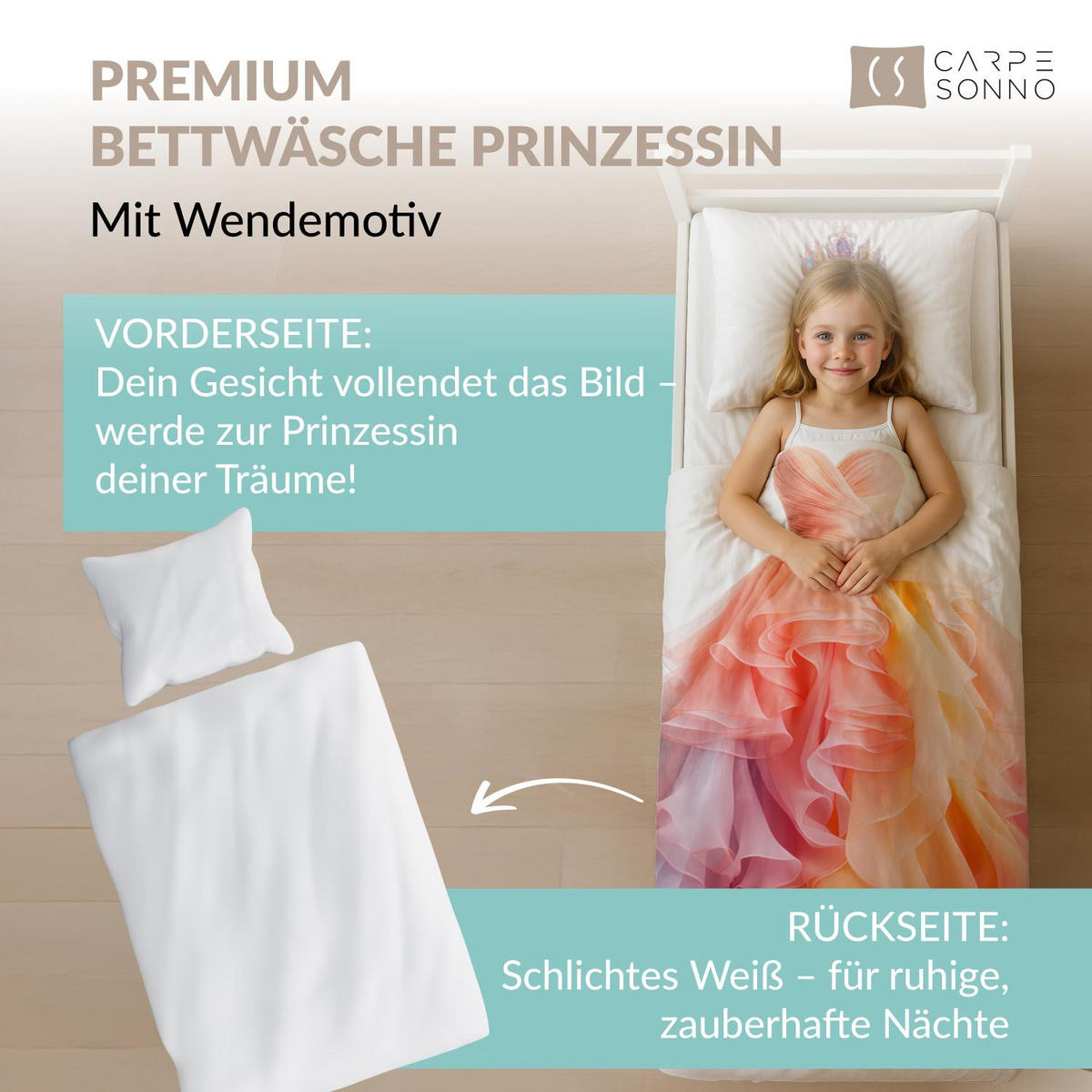 KINDERBETTWÄSCHE 135x200 Prinzessin aus 100% Baumwolle - Dein Gesicht vervollständigt das Design der Kinder Bettwäsche - Weiß, Textil (135/200cm) - Carpe Sonno