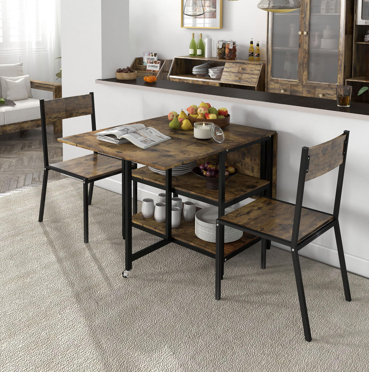 KLAPPTISCH 140/80/75 cm, platzsparend, seitlich ausklappbar mit Ablagen - Braun, Metall (140/80/75cm) - BEAOK