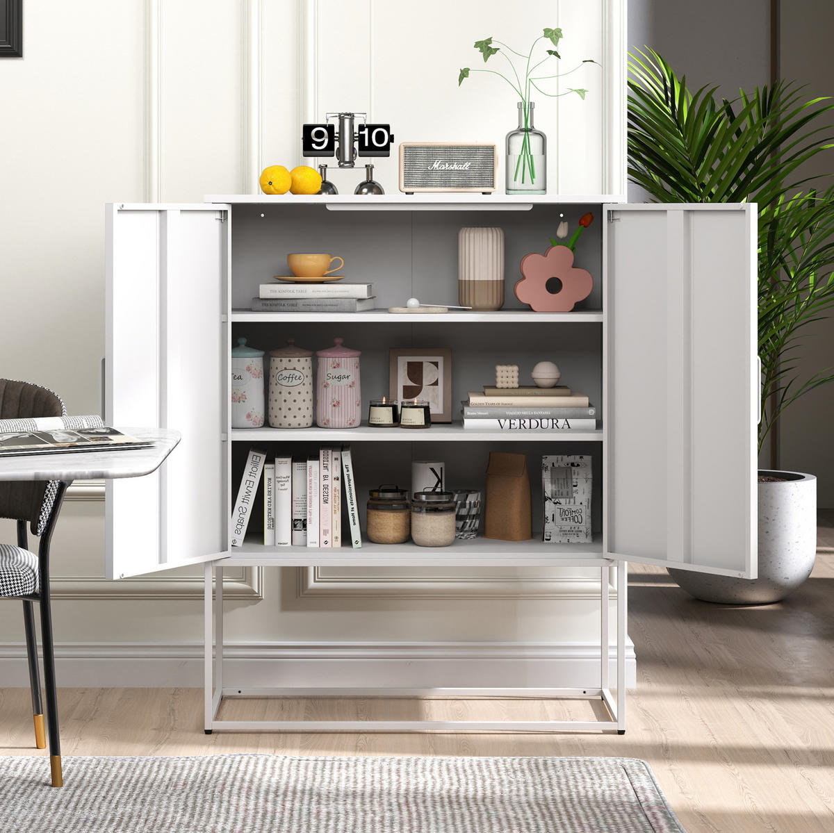 HIGHBOARD 85/40/109 cm in Weiß aus Metall mit 2 Türen & viel Stauraum - Weiß, Metall (85/109/40cm) - BEAOK