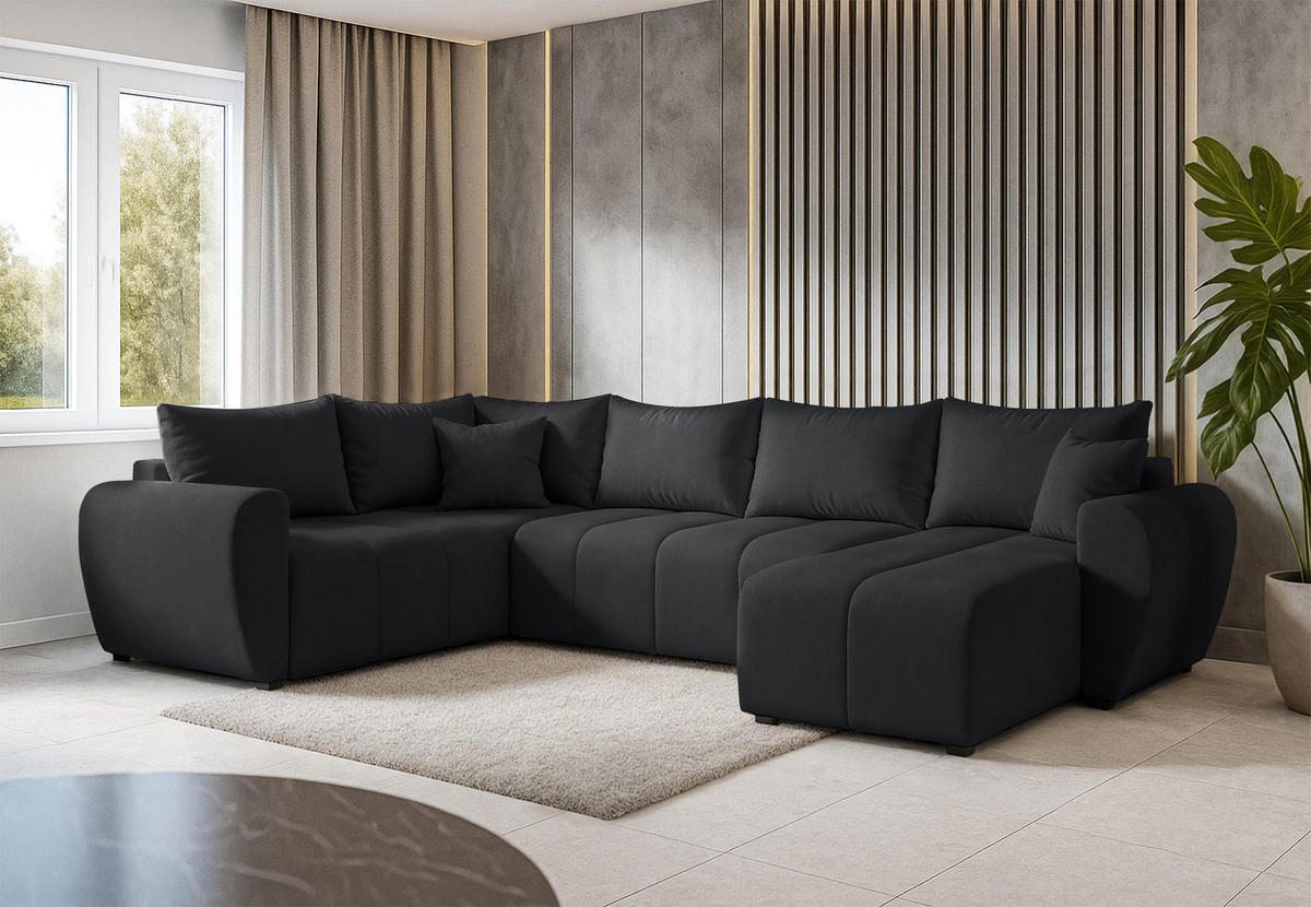 WOHNLANDSCHAFT Malatya U Form MAX Schwarz 311/145/80 cm mit Schlaffunktion - Schwarz, Kunststoff/Textil (303/80/208cm) - AX Living