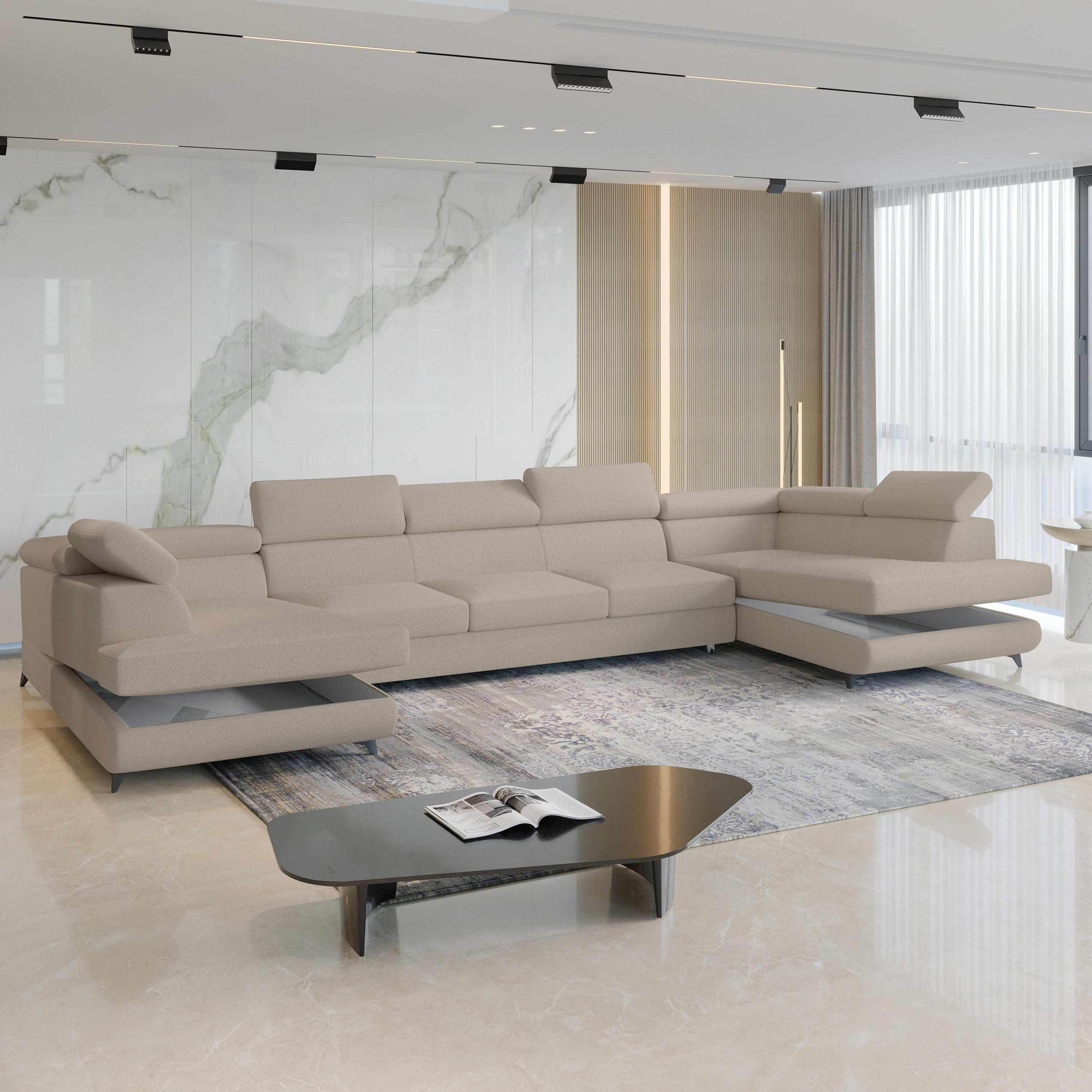 WOHNLANDSCHAFT URMANO Beige Boucle-Stoff mit Schlaffunktion - Beige, Holz (395/89/190cm) - MASSENO