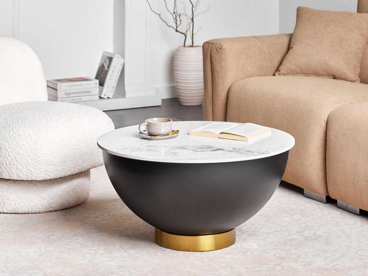 COUCHTISCH Schwarz/Gold/Weiß Nadine - Goldfarben/Schwarz, Stein (74/74/37cm) - Beliani