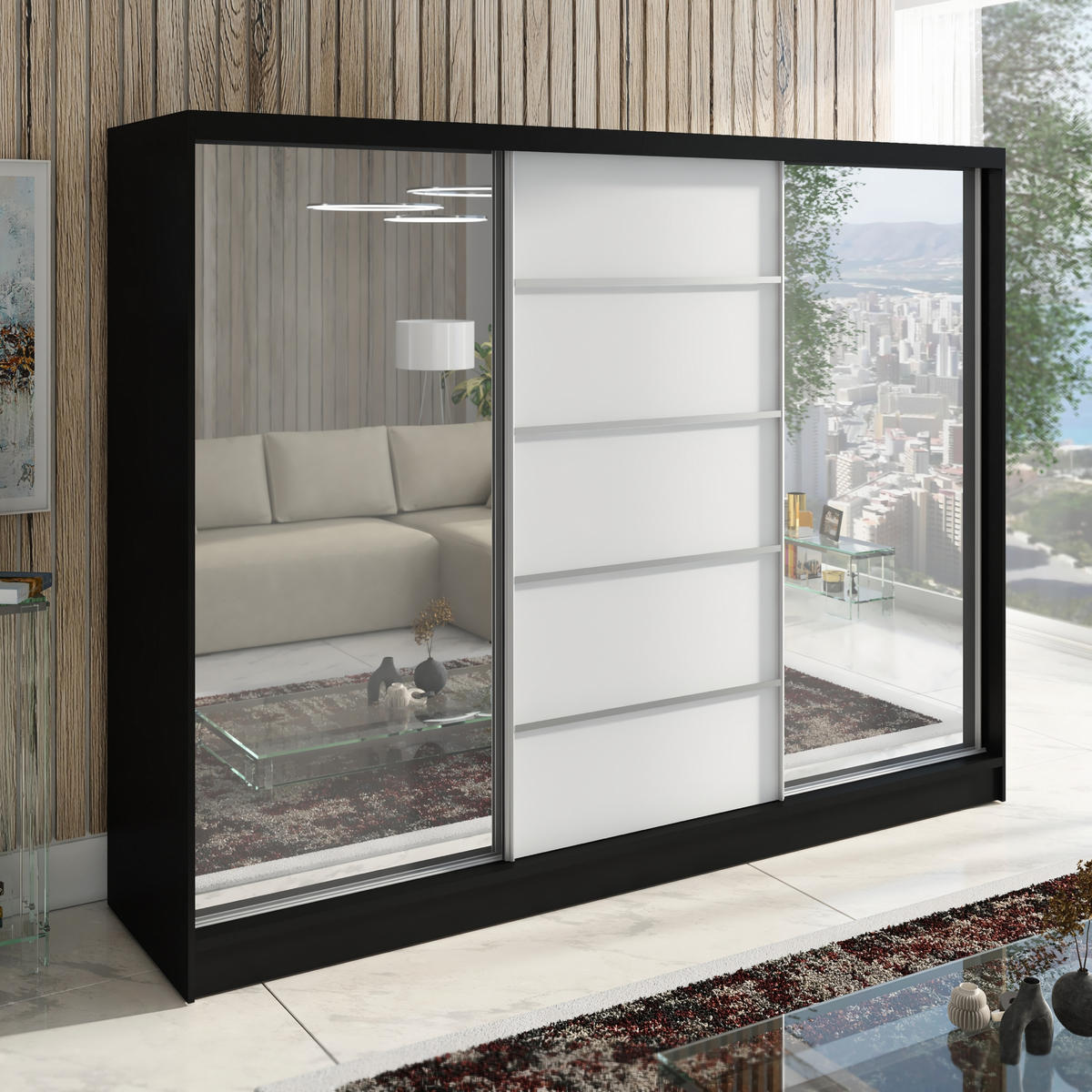 SCHWEBETÜRENSCHRANK 200 CM TOP Farbe: Schwarz, Weiß - Schwarz/Weiß, Holzwerkstoff (200/215/60cm) - A&J MöbelLand