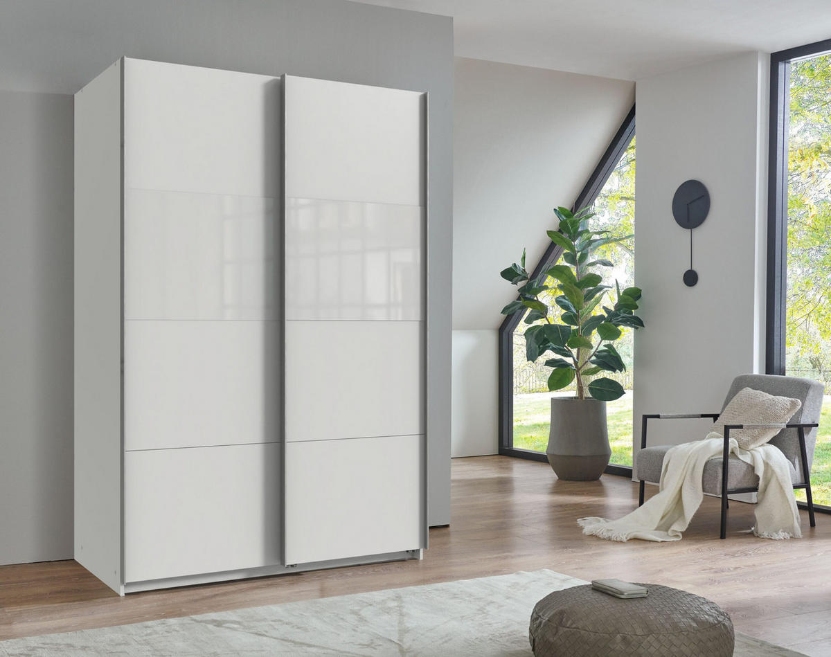 SCHWEBETÜRENSCHRANK Bramfeld in Weiß mit Glas Weiß 135 x 198 x 65 cm (B x H x T) – Kleiderschrank - Weiß, Holzwerkstoff (80/200/120cm)