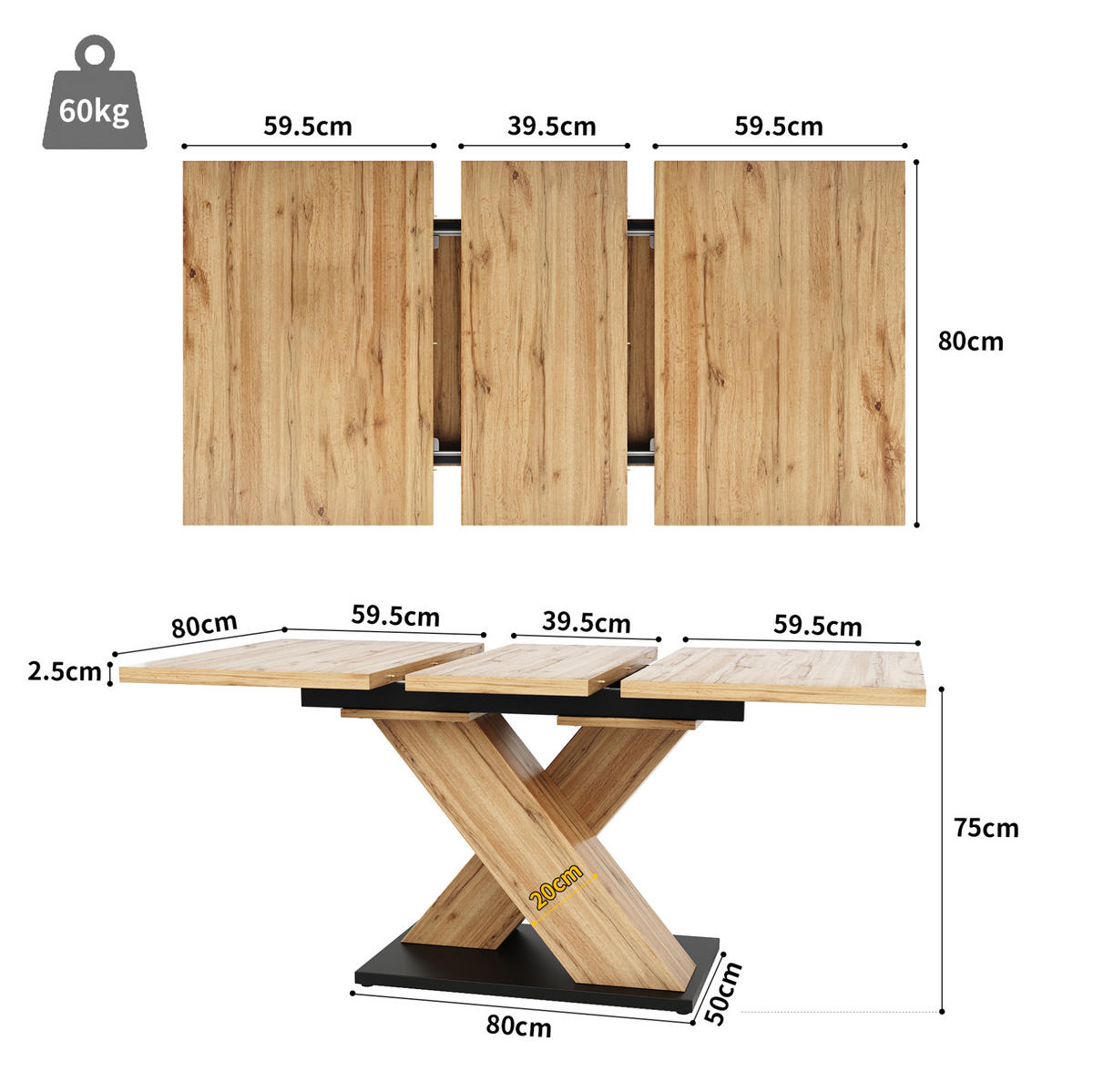 ESSTISCH 119-158,5/80/75 cm naturfarben ausziehbar mit Teleskopauszug aus MDF - Hellbraun, Holzwerkstoff (158.5/80/75cm) - OKWISH