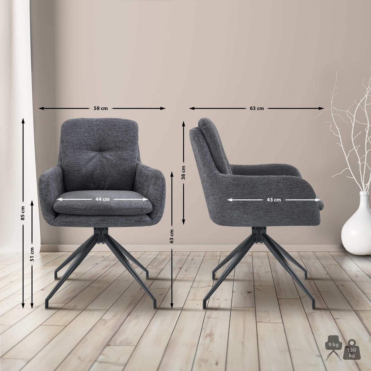 ESSZIMMERSTUHL 2er Set Halberg Stoff dunkelgrau - Schwarz/Grau, Textil/Metall (58/85/63cm) - TPFLiving