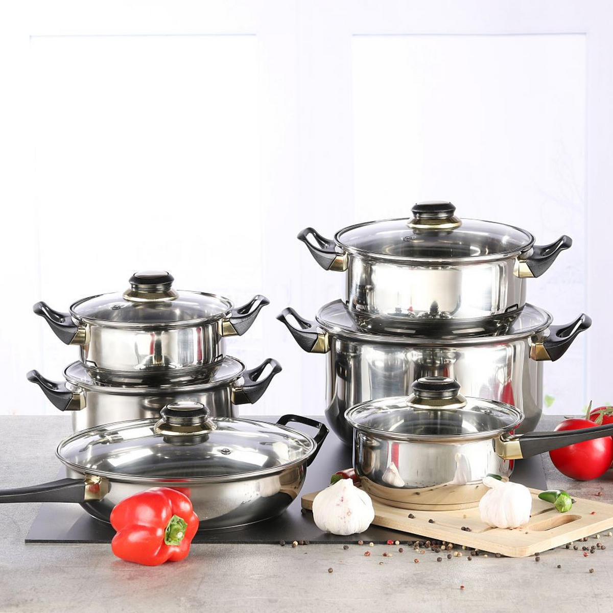 KOCHTOPF-SET 12tlg. aus Edelstahl mit Glasdeckel - Transparent, Metall - Haushalt International