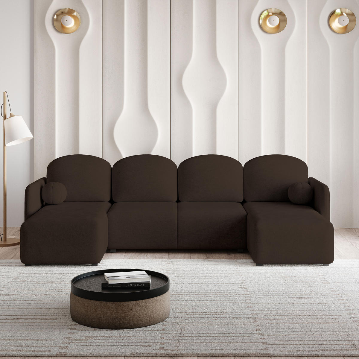 ROHOVÁ SEDAČKA NUBERO hnědá - šedá/hnědá, dřevo/textil (285/143cm) - MASSENO