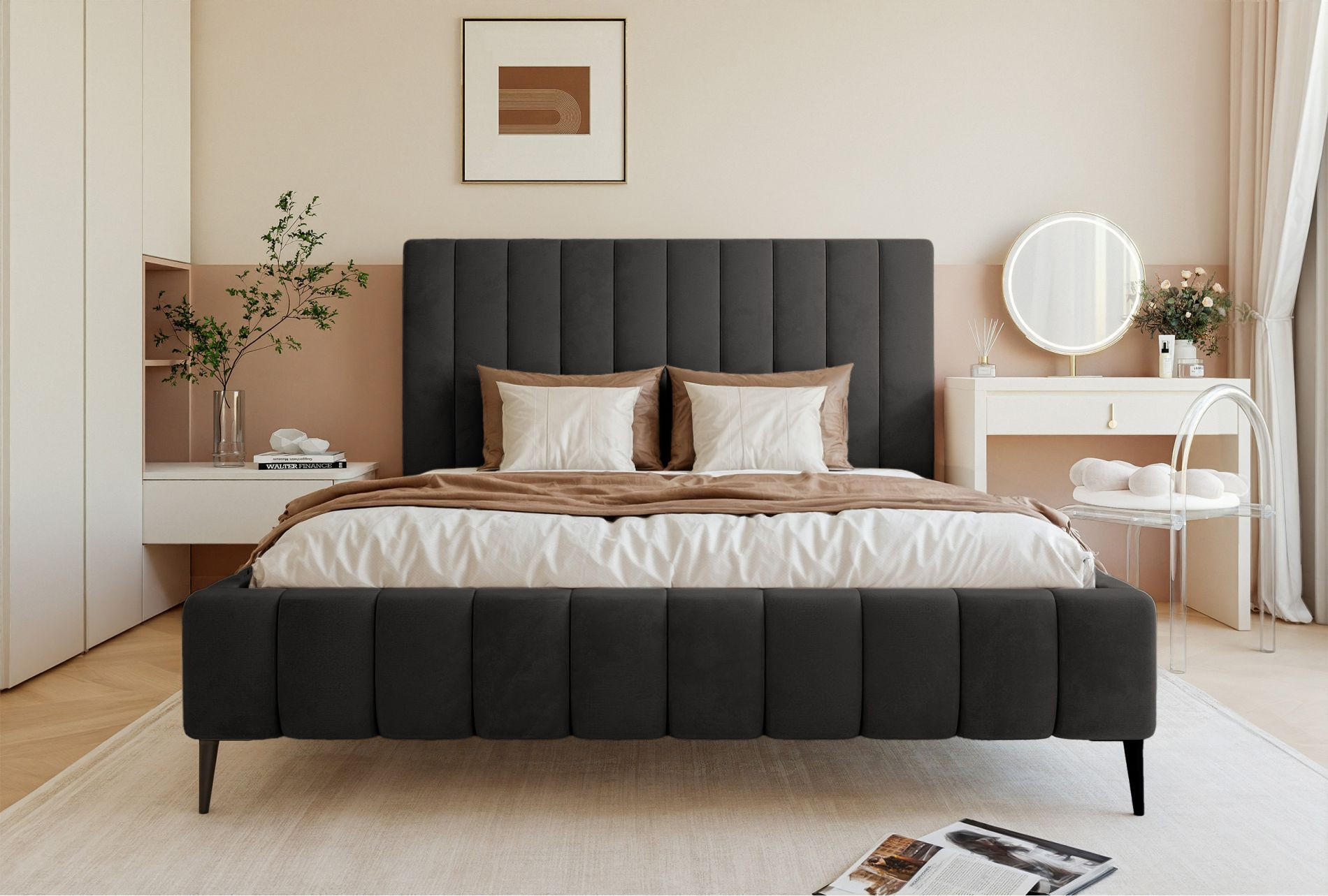 POLSTERBETT Fiarro mit Metallfüßen, Dunkelgrau, Velours, 140x200 cm - Dunkelgrau, Textil/Metall (140/200cm) - Selsey