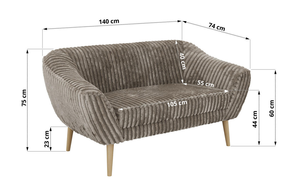 2-SITZER-SOFA PIRS - Hellbraun Cord - Holzbeine - Hellbraun/Buchefarben, Holzwerkstoff/Textil (140/75/74cm) - MKS