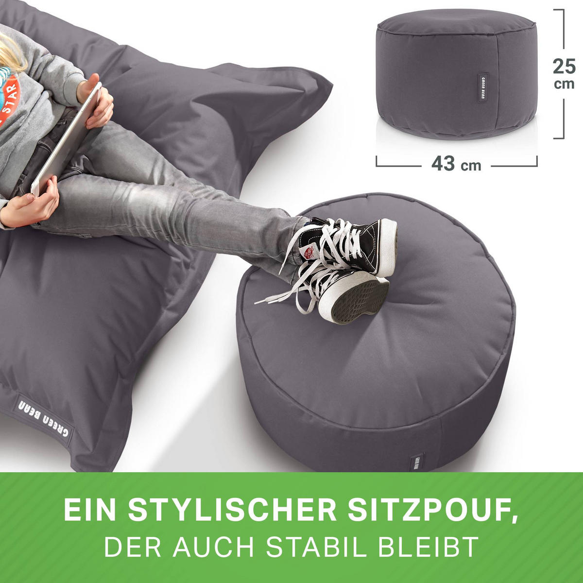 SITZSACK-HOCKER Pouf "Stay" 45x25cm - Anthrazit, Textil (45/25/45cm) - Green Bean
