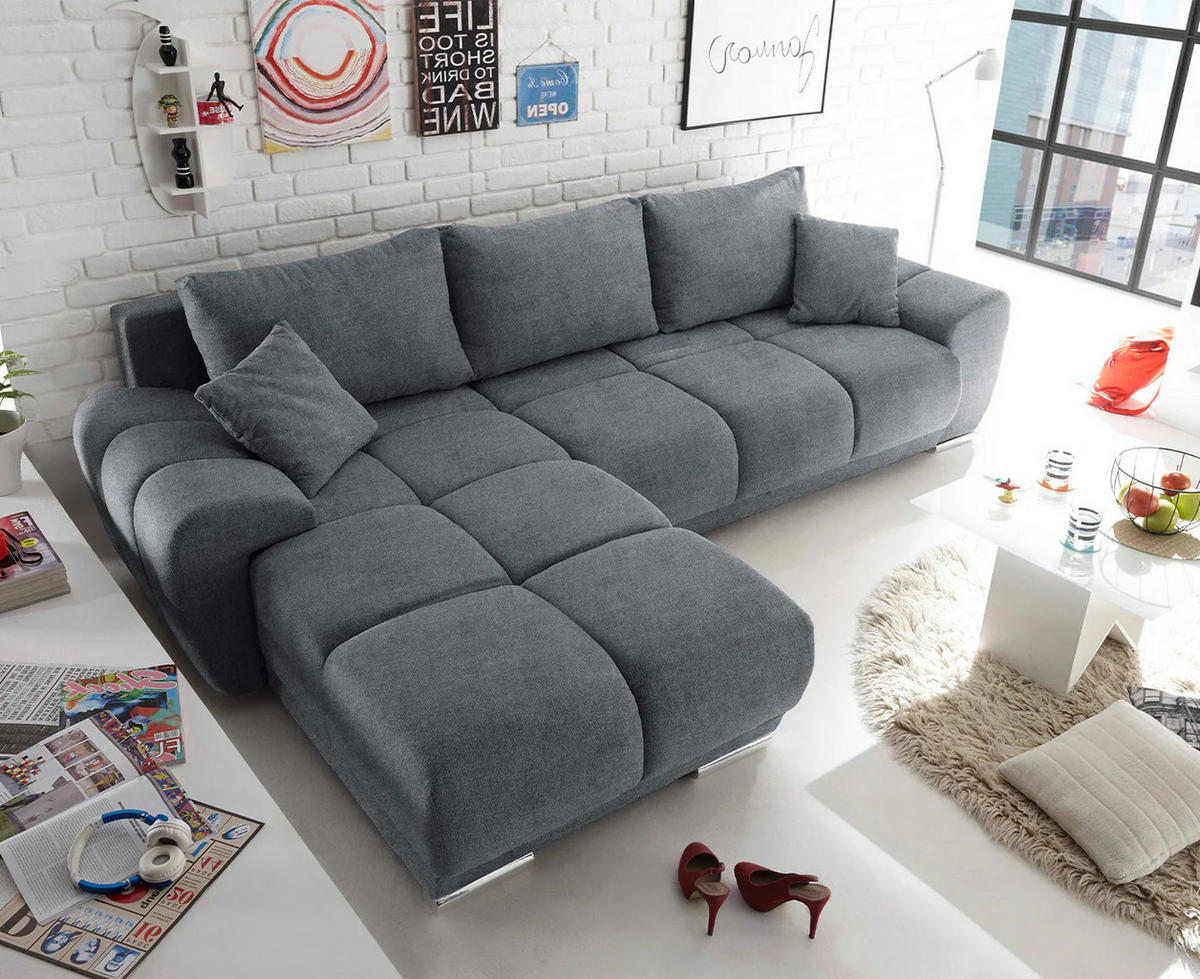 ECKSOFA beidseitig montierbar, Schlaffunktion mit Bettkasten - Chromfarben/Dunkelgrau, Textil (289/189cm) - ed exciting design