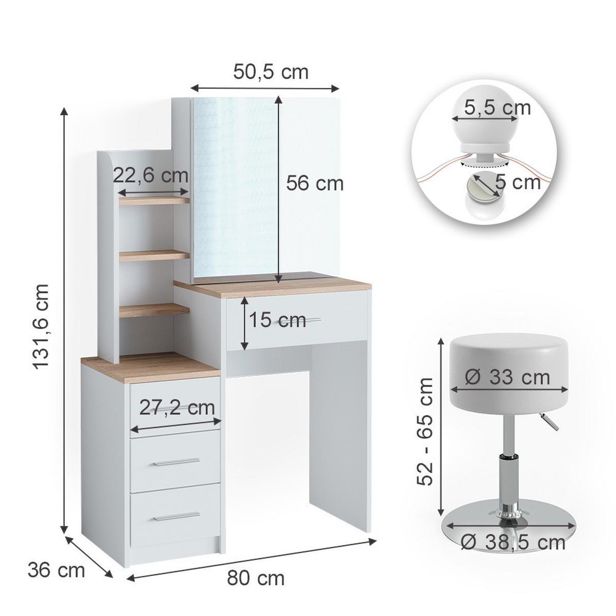 SCHMINKTISCH Conrada Weiß/Sonoma 80 cm mit LED Beleuchtung und Hocker - Weiß/Sonoma Eiche, Holzwerkstoff (36/131.6/80cm) - Vicco