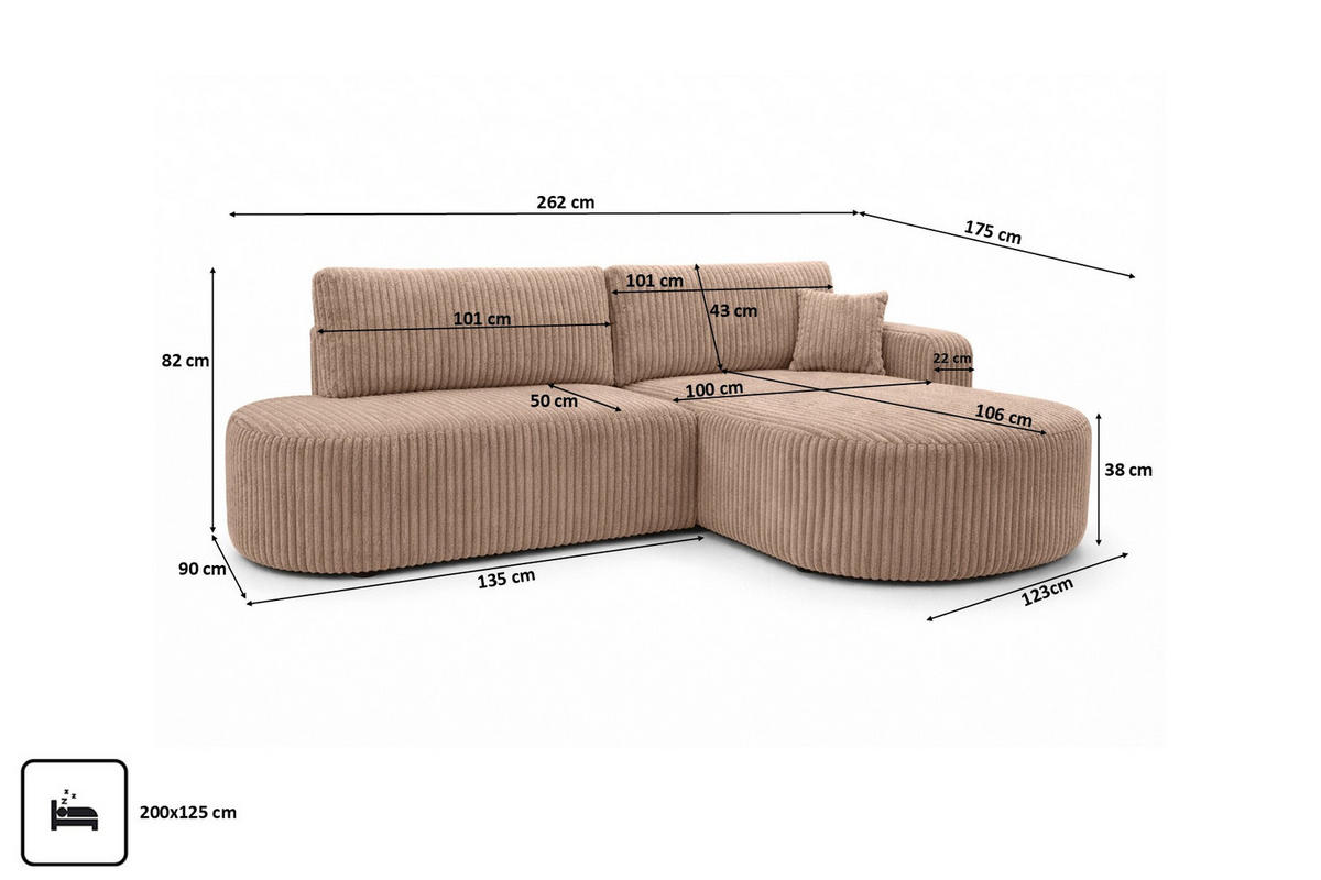 ECKSOFA Mit Schlaffunktion Und Bettkasten, Cordstoff Tilia, Braun, Rechts, ROUND ONE OPEN XL - Braun, Holz (262/175cm) - Kaiser Möbel
