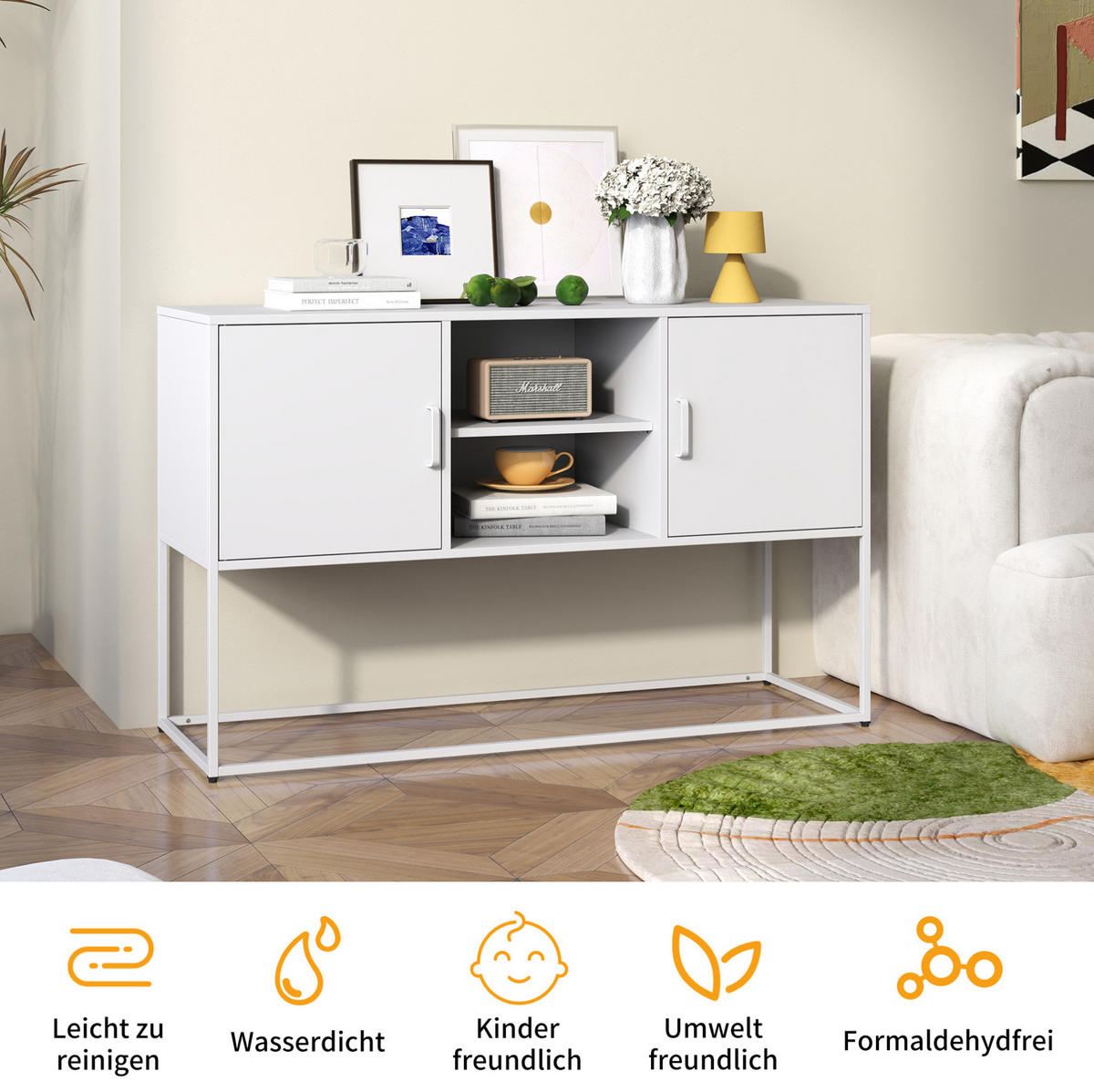 SIDEBOARD 120/40/75 cm in Weiß aus Metall mit 6 Fächern - Weiß, Metall (120/75/40cm) - BEAOK