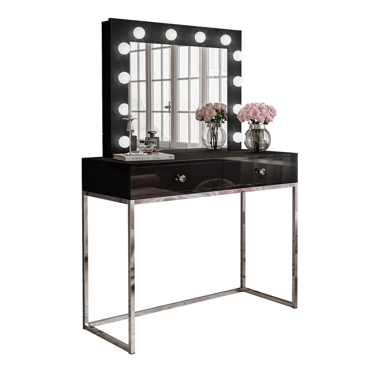 SCHMINKTISCH BLANCO GLAMOUR mit Spiegel und Beleuchtung Schwarz Hochglanz Kristallgriff - Schwarz Hochglanz/Silberfarben, Holzwerkstoff (100/146/42cm) - Lookway