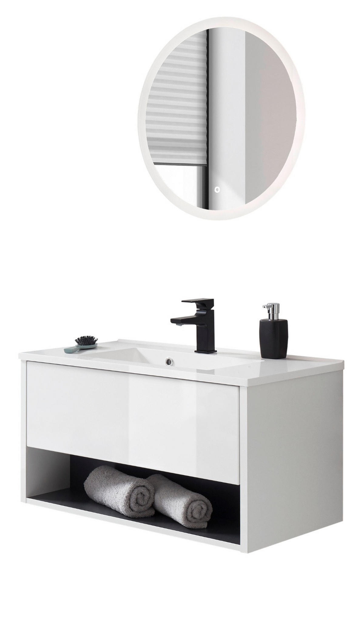 BADMÖBEL Set in weiß Hochglanz und grau mit Waschbecken und LED Beleuchtung 80 x 190 cm Glide - Weiß Hochglanz/Grau, Glas/Holzwerkstoff (80/190/47cm) - Furn.Design