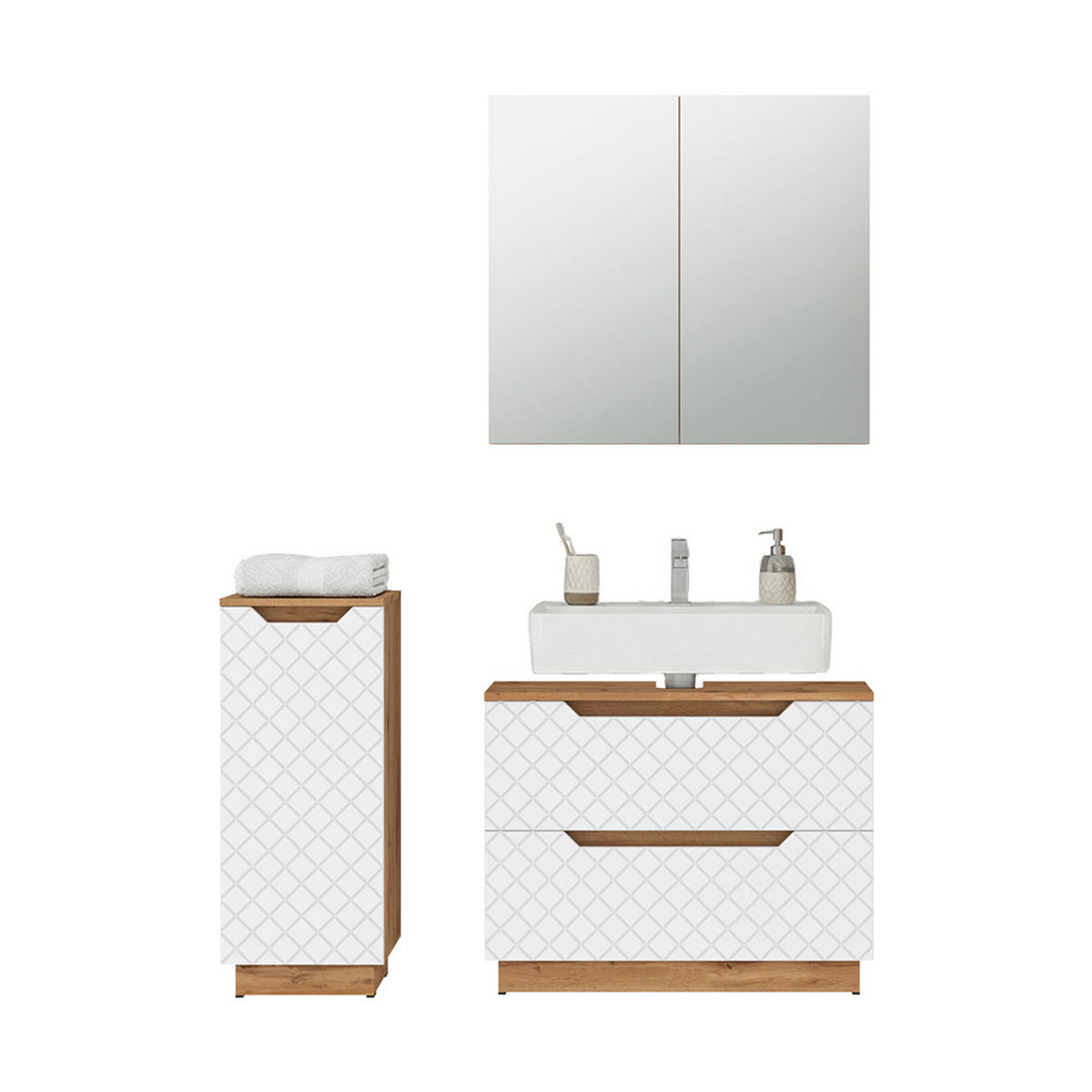 BADMÖBEL-SET Lotta Eiche/Weiß mit Kachelstruktur 3 Teile - Eichefarben/Weiß, Holzwerkstoff (79.6/62.5/32cm) - Vicco