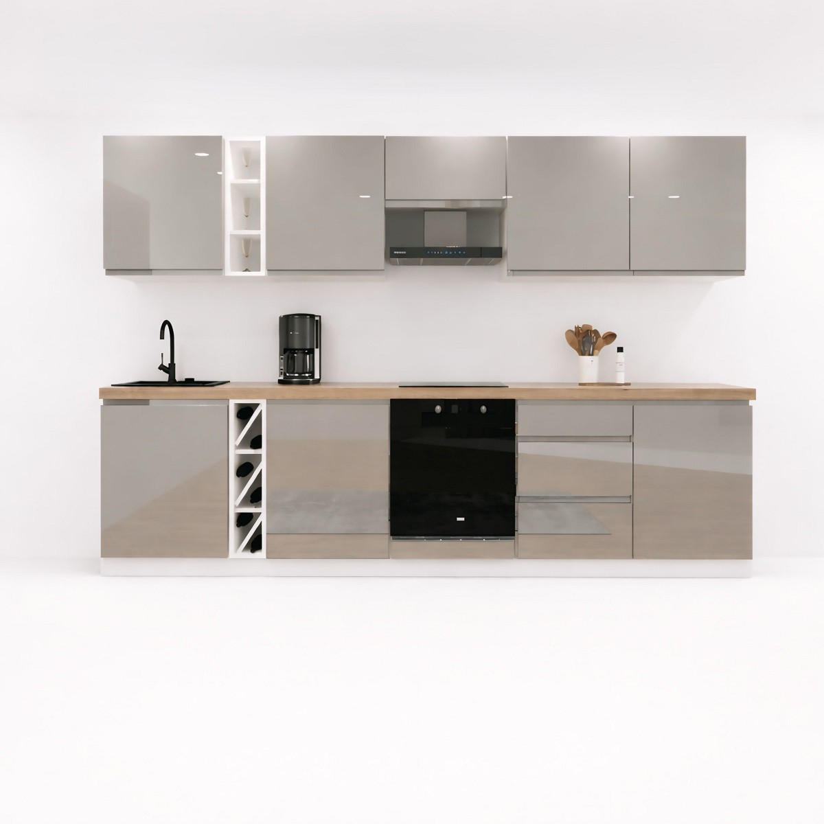 KÜCHENZEILE 320 cm - Aspen KA15-M320- in Grau/Hochglanz - Grau, Holz (320/212/52cm)