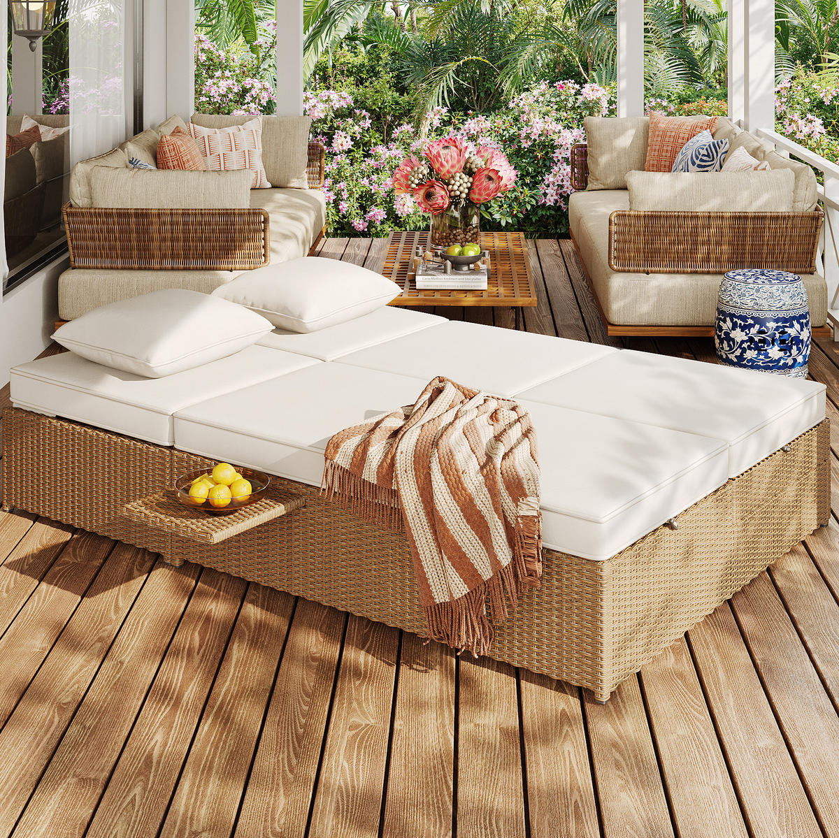 GARTENLIEGE aus Metall, PE-Rattan und Polyester 199x120x37 cm Weiß mit verstellbaren Rückenlehnen, Kissen und Beistelltisch - Weiß, Kunststoff (120/37/199cm) - Modfu