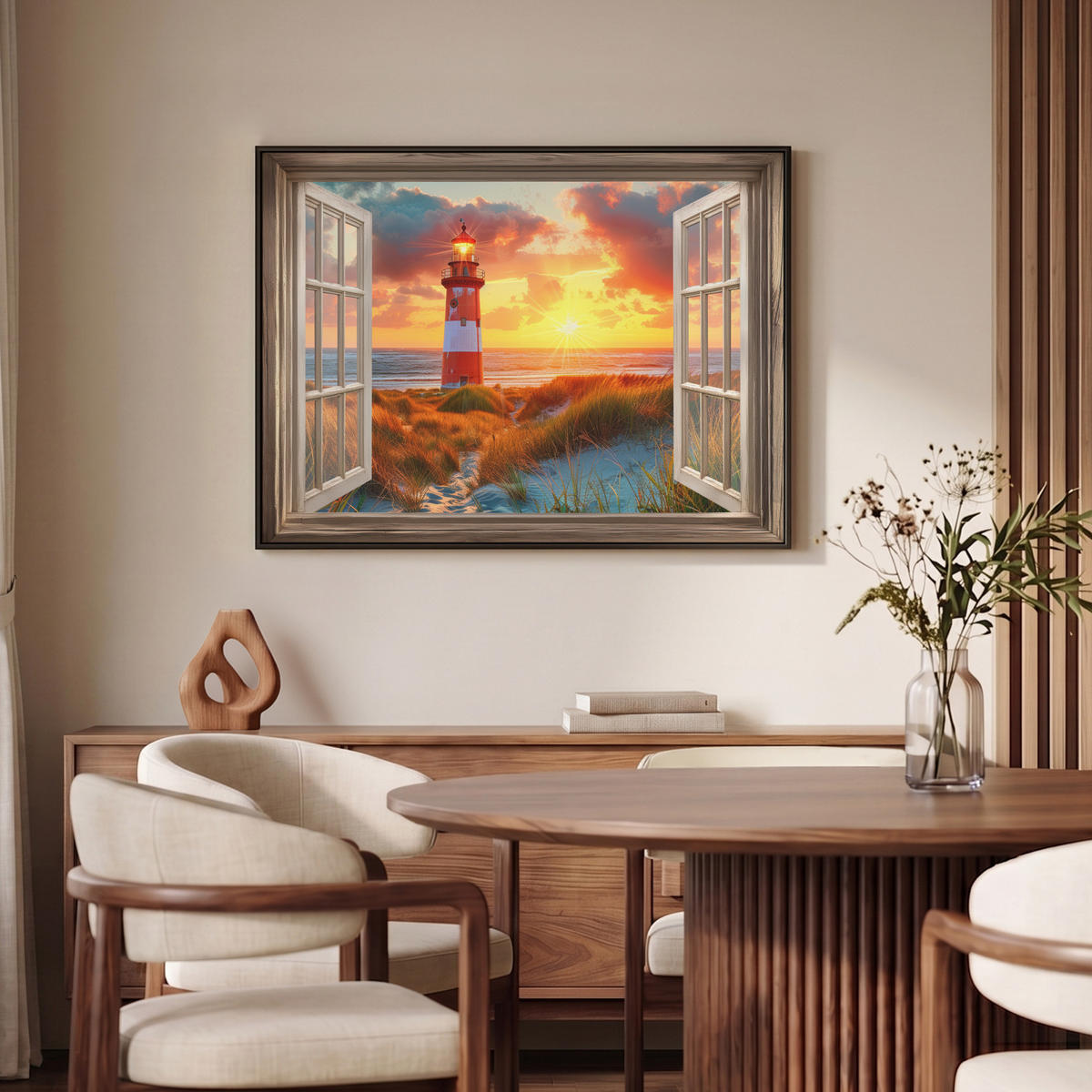 LEINWAND Bilder mit Rahmen - Aussicht - Fenster - Leuchtturm - Sonnenuntergang - Strand - 100x70 - Dunkelorange, Textil (100/70cm) - MuchoWow