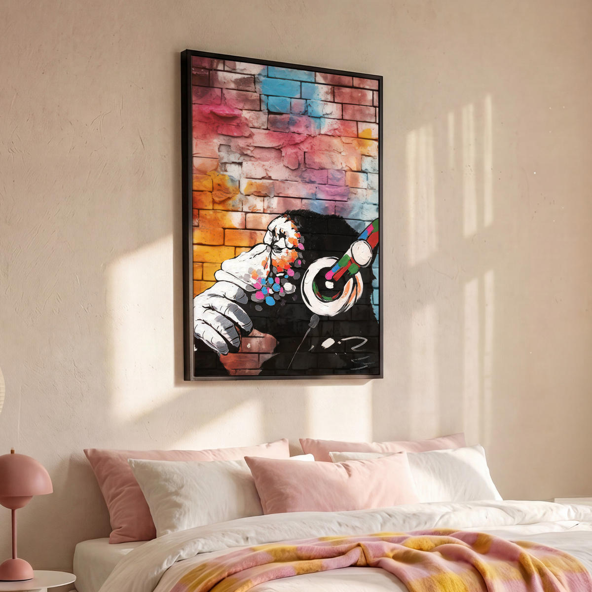 LEINWAND Bilder mit Rahmen - Affe - Graffiti - Musik - 100x150 - Multicolor, Textil (100/150cm) - MuchoWow