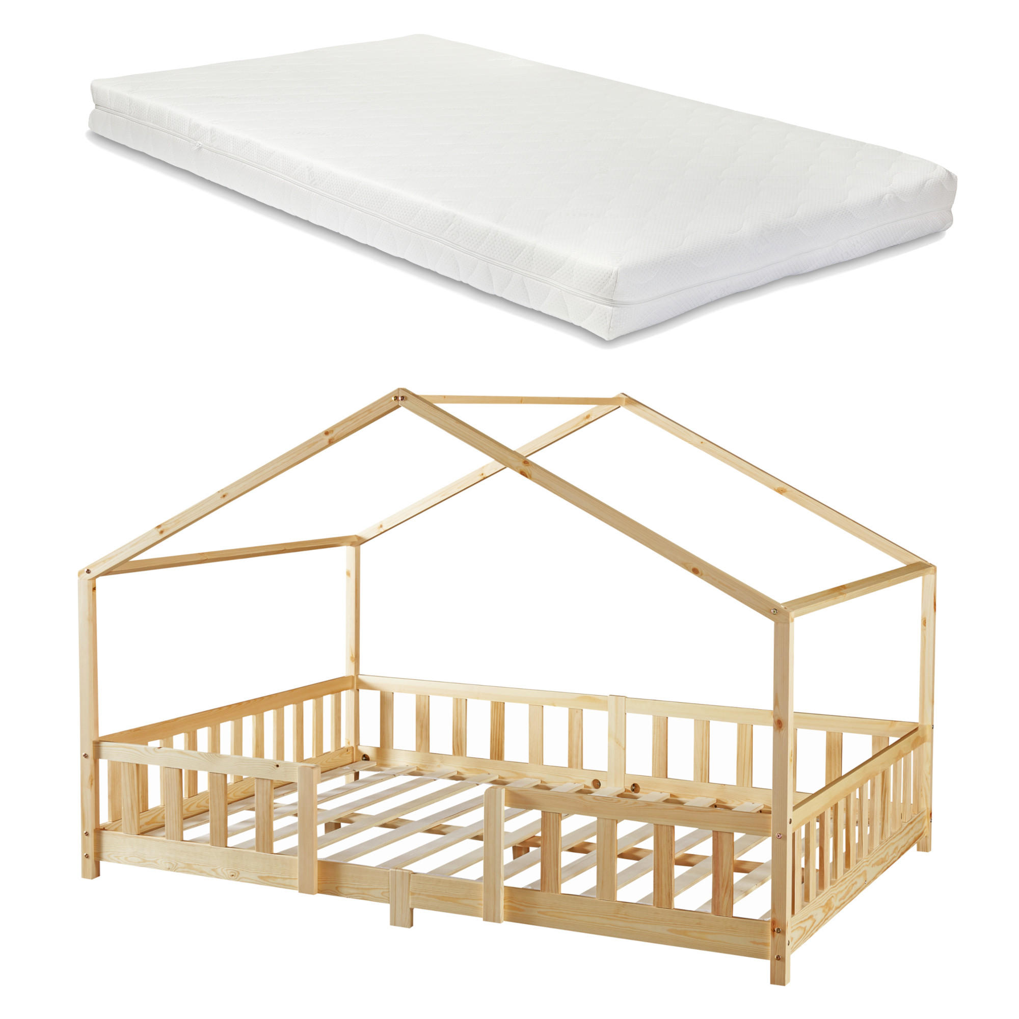 HAUSBETT Treviolo mit Matratze - Naturfarben, Holz/Textil (140/200cm) - [en.casa]