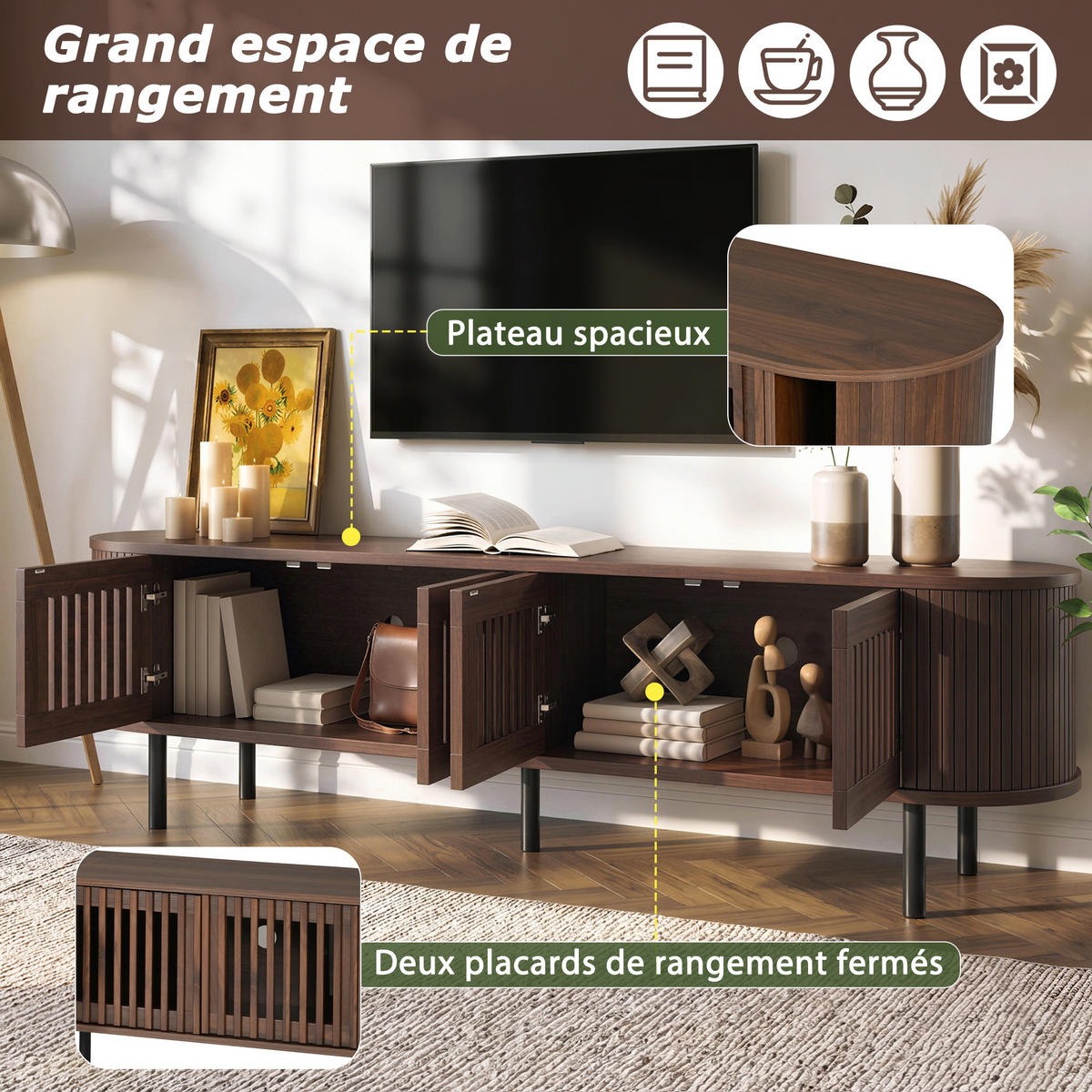 TV-ELEMENT178X39,5X49,5CM für 75-Zoll-Fernseher mit 4-Lamellentüren Walnussfarben - Walnussfarben, Holz (49/19/103.51cm) - Raelunyi