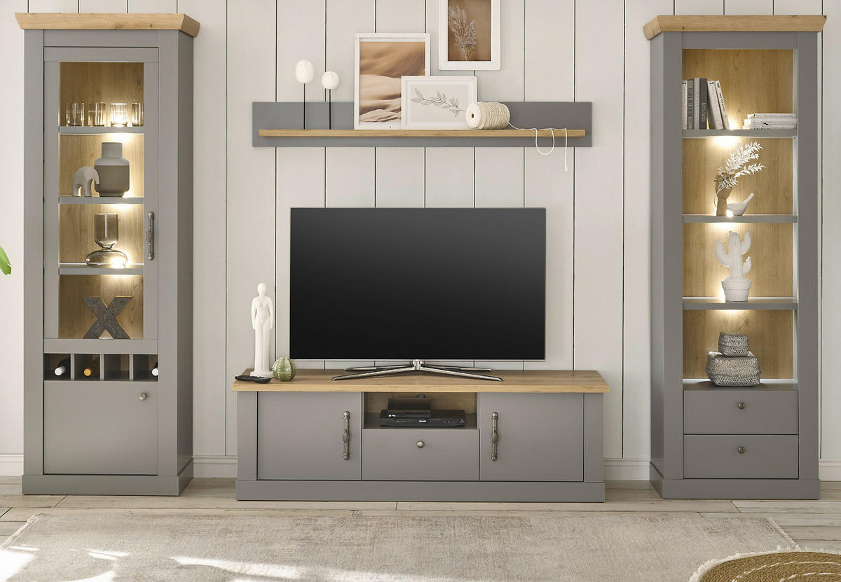 WOHNWAND grau, Artisan Eiche 4-teilig Landhaus, Wohnkombination mit viel Stauraum - Silberfarben/Hellgrau, Glas/Holzwerkstoff (317/201/44cm) - Furn.Design