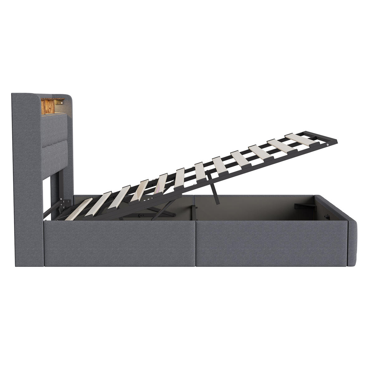 POLSTERBETT 160x200 cm Grau mit LED Beleuchtung, Kopfteil mit Stauraum und USB/Type-C, hydraulisches Stauraumbett - Grau, Metall (160/200cm) - EuroLiving