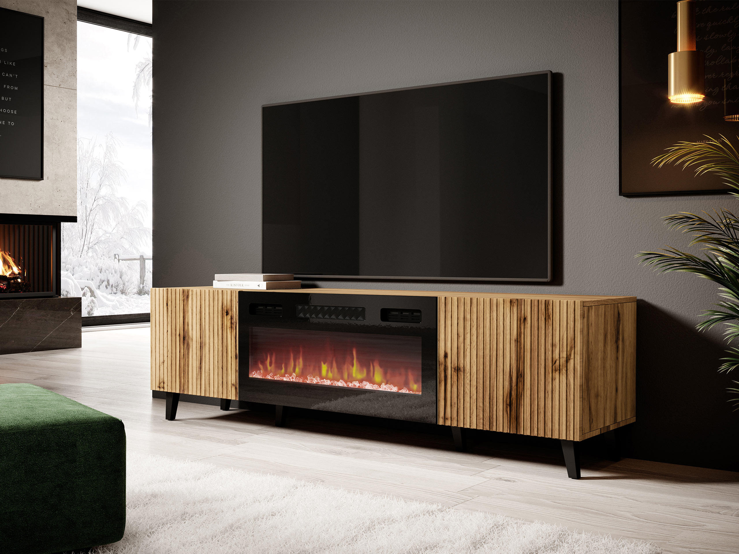 TV-ELEMENT Vamos 180 mit Kamin - Schwarz/Braun, Holzwerkstoff/Kunststoff (181/50/42cm) - MIRJAN24