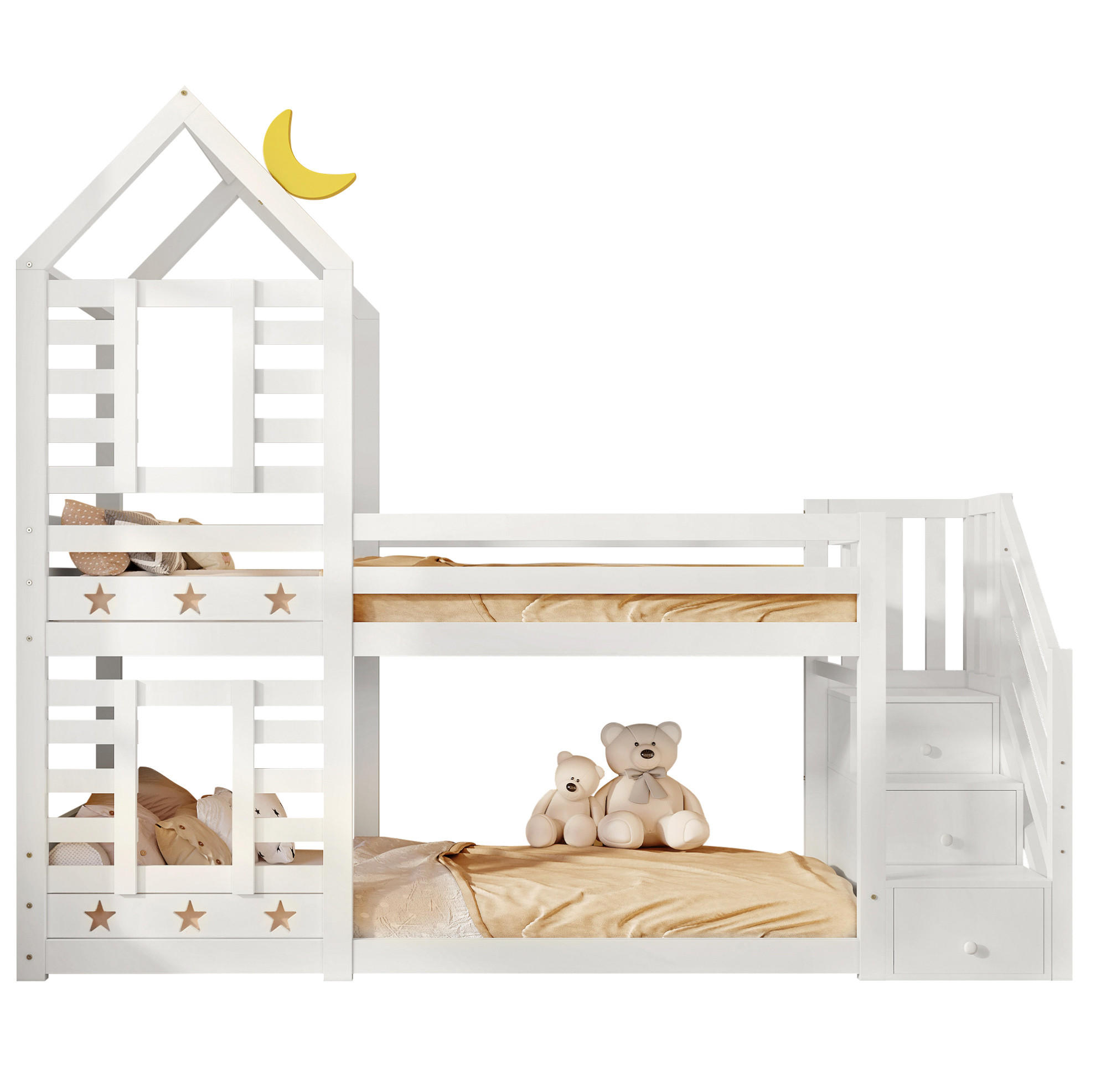 HAUSBETT 90/200 cm Weiß mit Treppe und Stauraum im Hausbett-Design - Weiß, Holzwerkstoff (90/200cm) - Flora Grace
