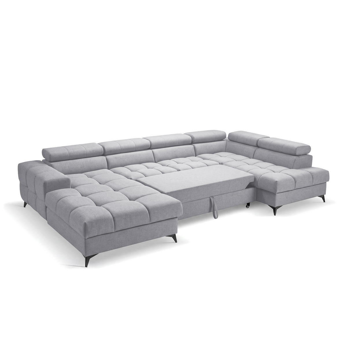 ECKSOFA PUDDING U Links mit Schlaffunktion 125x260 Velours Hellgrau - Hellgrau/Schwarz, Holz/Textil (203/350cm) - Muffo