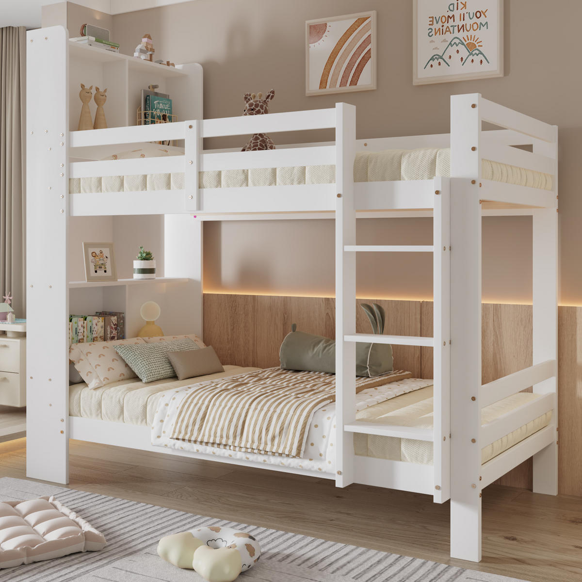 ETAGENBETT 90/200 cm Weiß mit Regalen und sicherer Leiter aus Massivholz - Weiß, Holzwerkstoff (90/200cm) - OKWISH