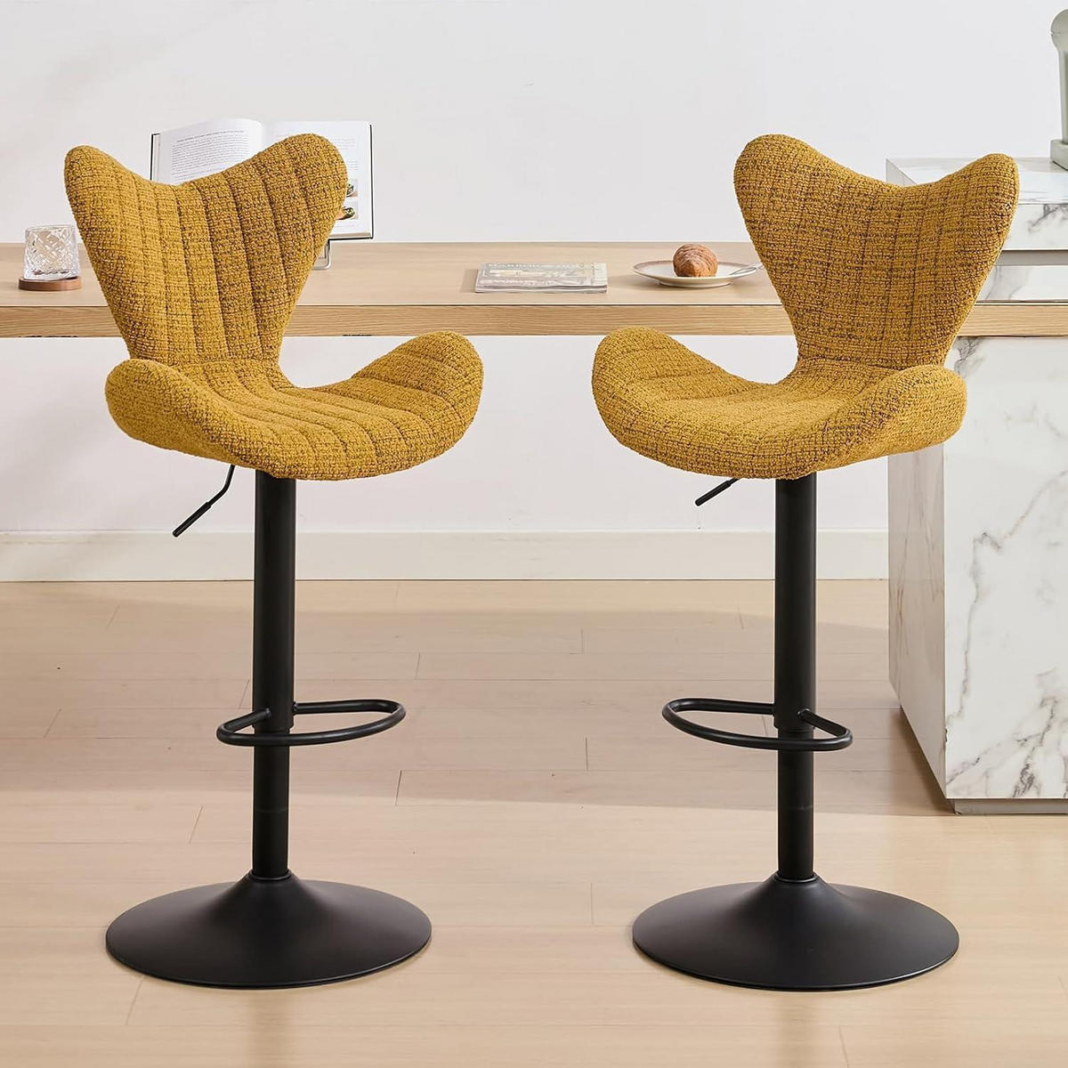 BARHOCKER 4er Set Chenille Gelb höhenverstellbar mit Lehne - Gelb, Textil (54/116/51cm)