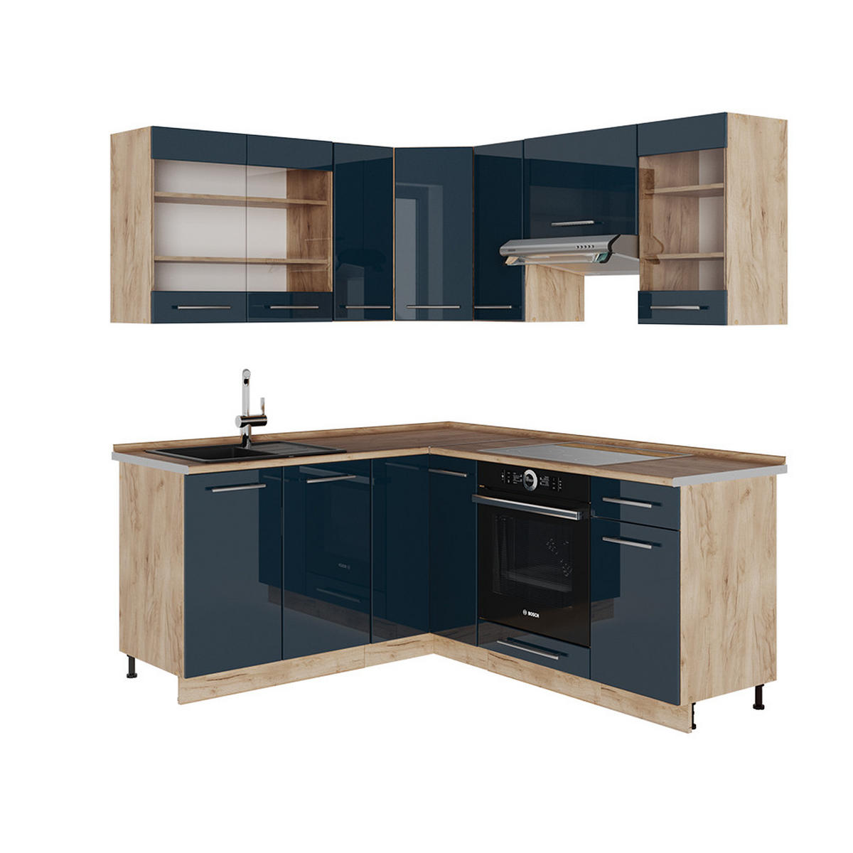 ECKKÜCHE Fame-Line Dunkelblau Hochglanz/Goldkraft Eiche 160x60 cm ohne AP - Honigeiche/Dunkelblau, Holzwerkstoff (190/81.6/46cm) - Vicco