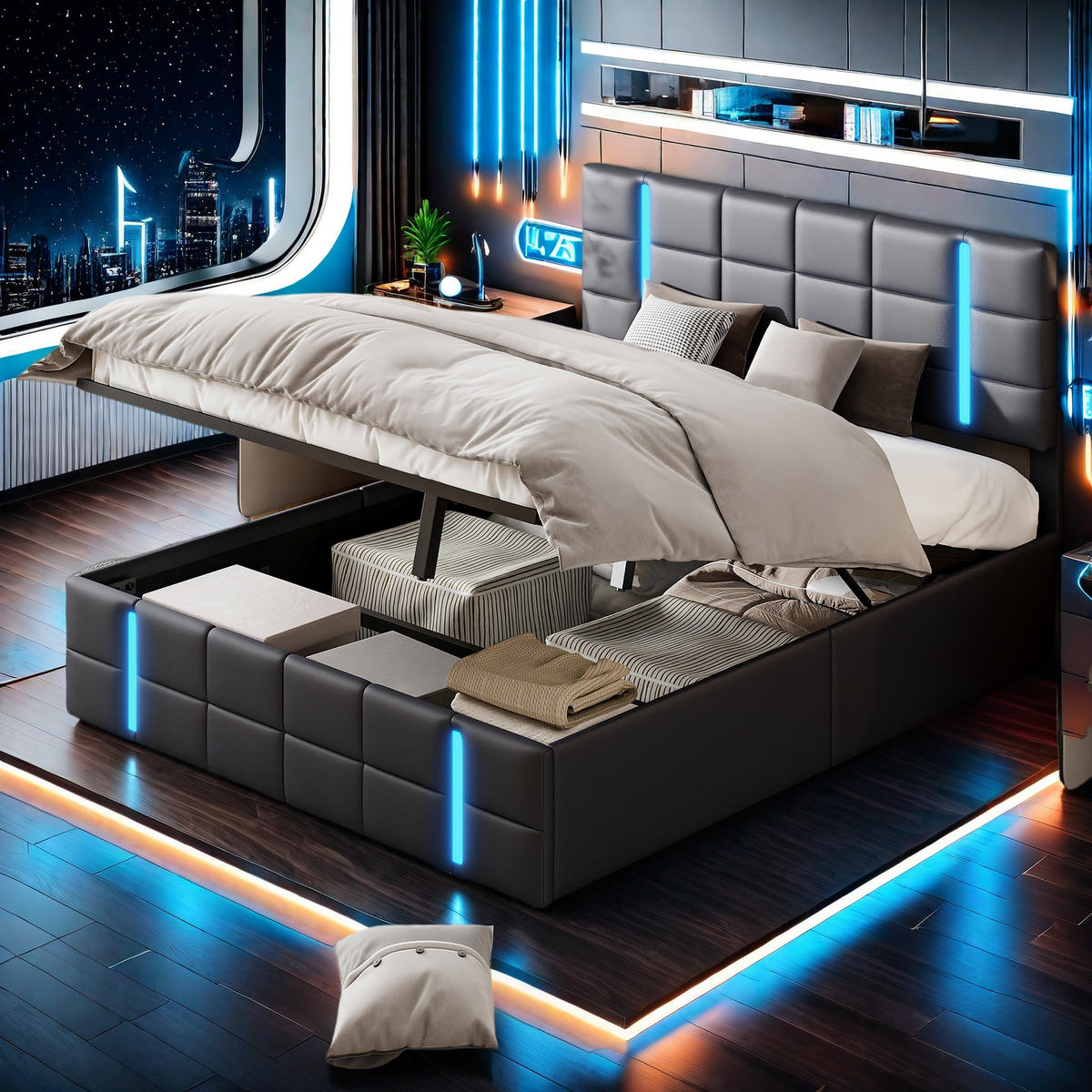 POLSTERBETT 140x200 cm Schwarz mit LED USB Stauraum - Schwarz, Metall (140/200cm) - SHOPENTRA