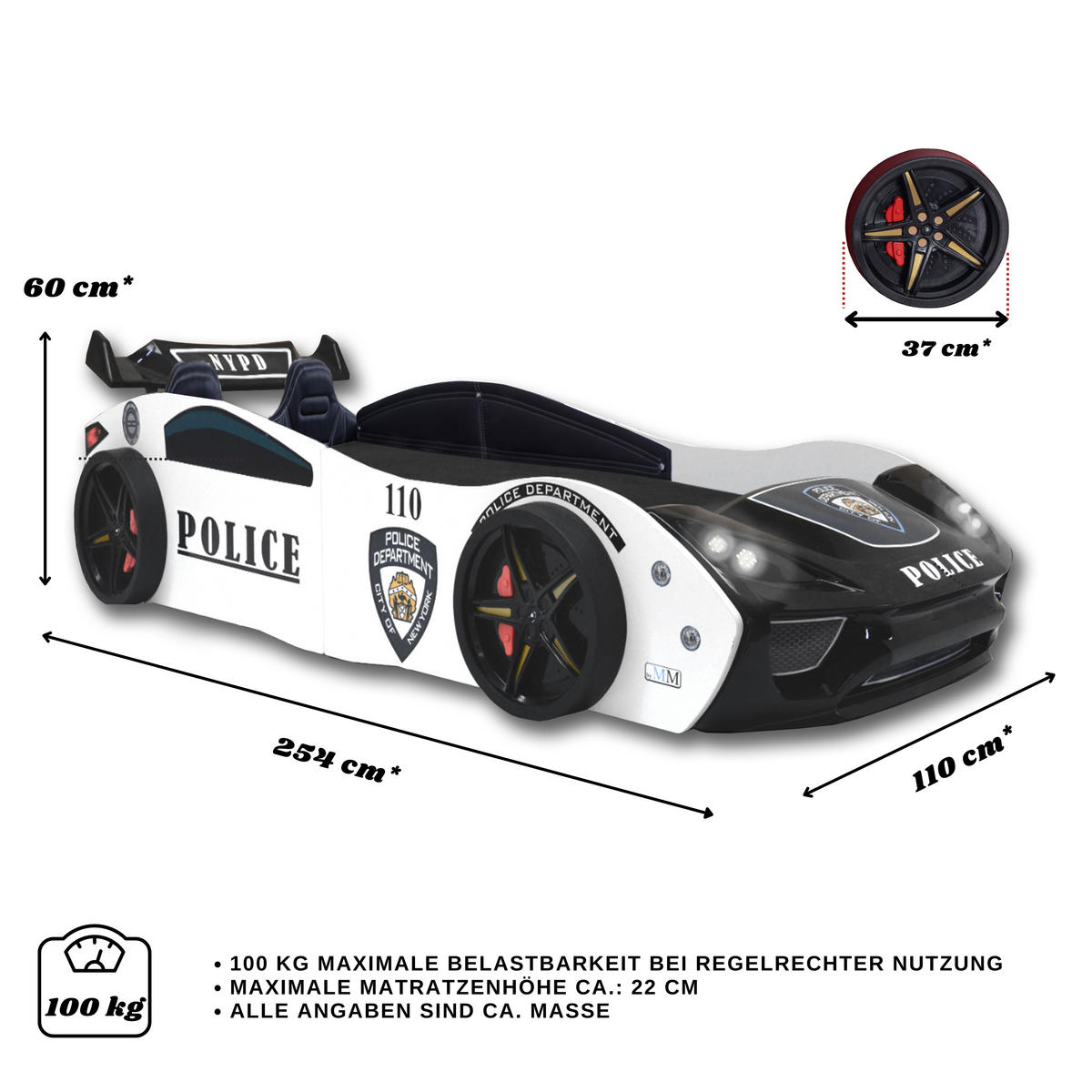 AUTOBETT Police Spielbett für Kinder 90x200 inkl. Lattenrost - Schwarz, Holzwerkstoff (90/200cm) - Aileenstore