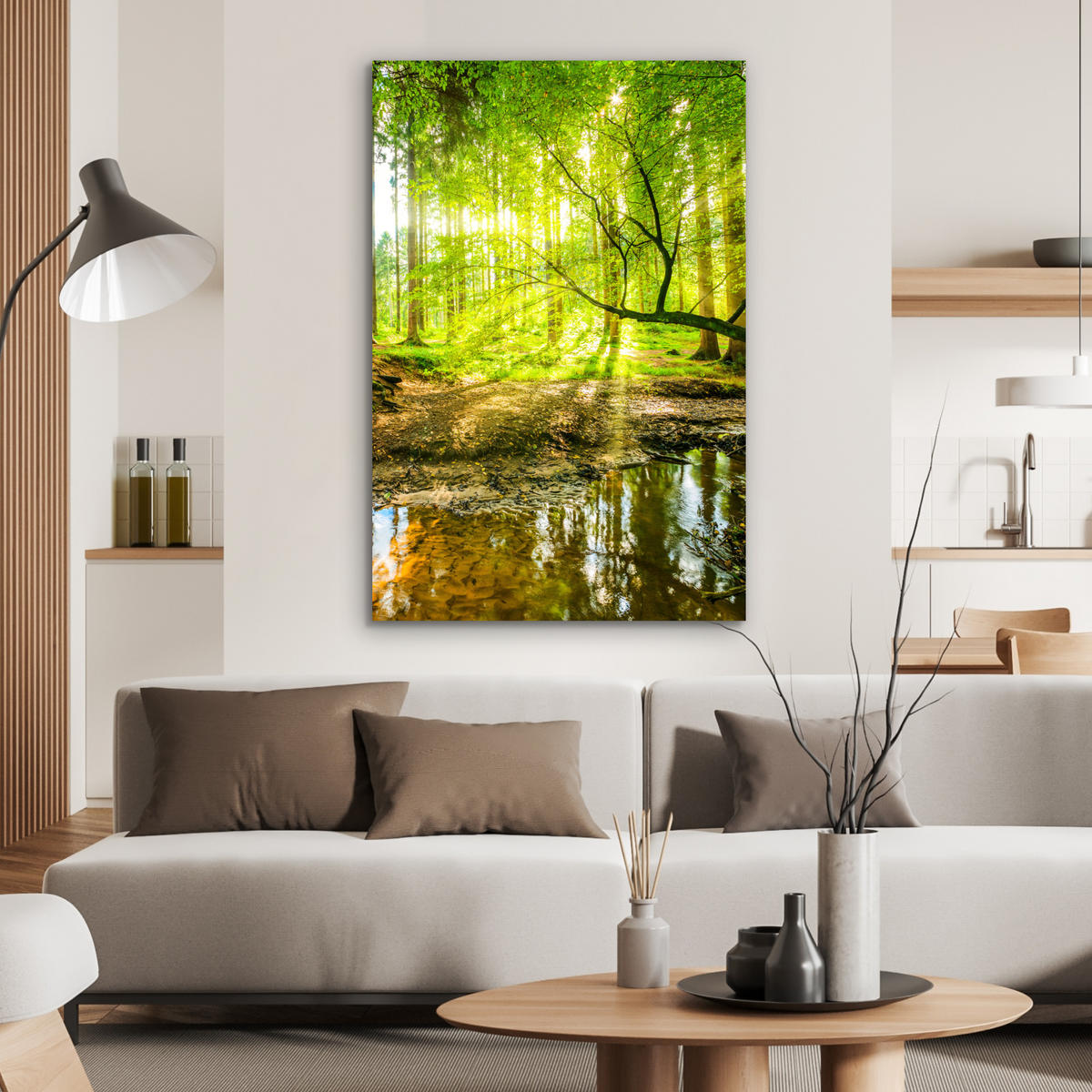 METALLBILD Wald - Landschaft - Wasser - Bäume - Sonne - Grün - Natur 60x90 cm - Grün, Metall (60/90cm) - MuchoWow