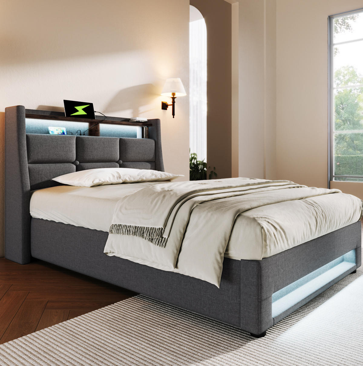 POLSTERBETT 90/200 cm Grau mit Stauraum, USB-Anschluss und LED-Beleuchtung - Grau, Textil (90/200cm) - Flora Grace