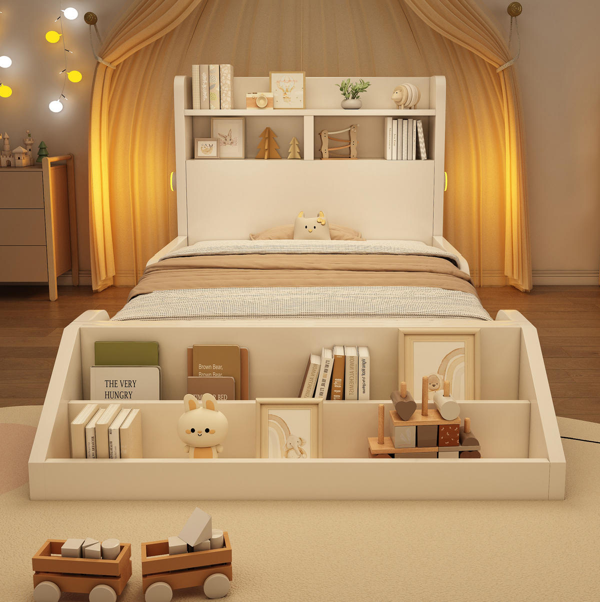 KINDERBETT aus Holz 90x200 cm Weiß mit Bücherregal, Ablagen und Nachtlichtern - Weiß, Holz (90/200cm) - IVMEU