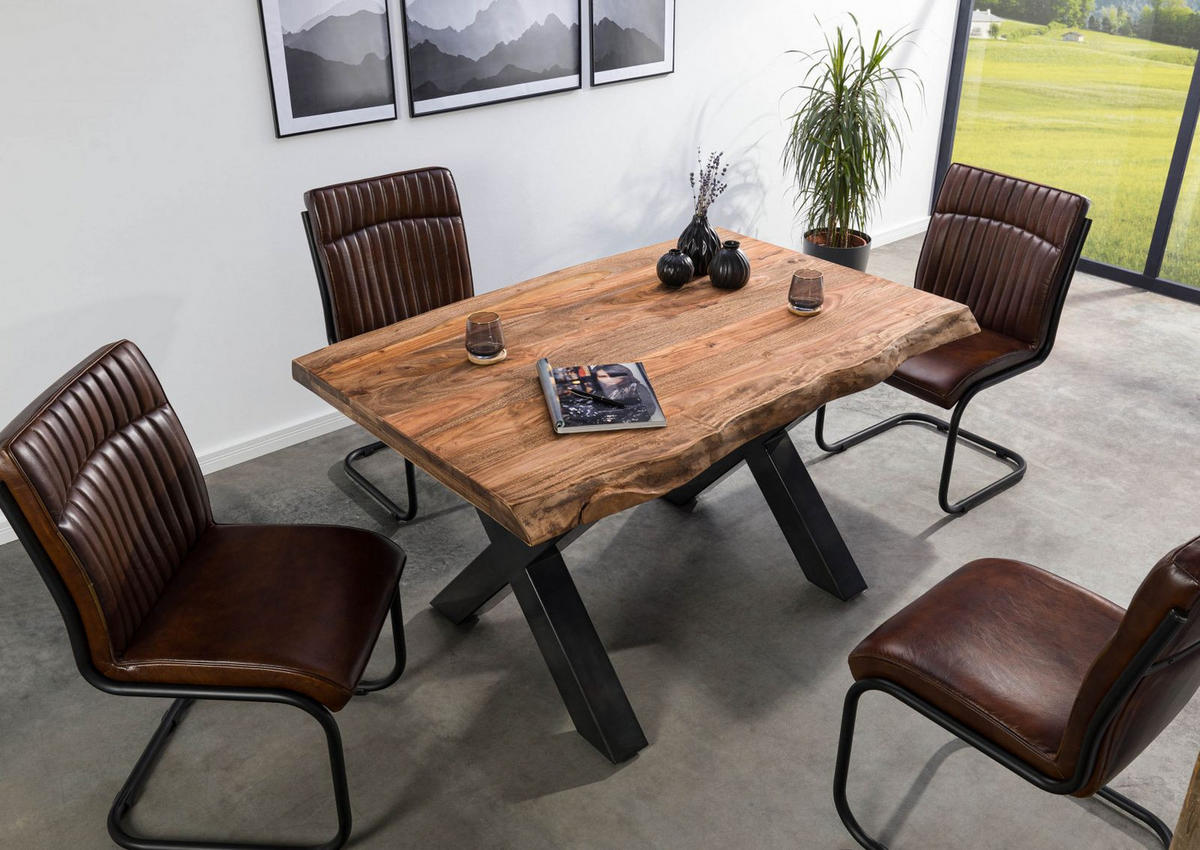 BAUMTISCH Sheesham 140x90x77 grau gebeizt / X-Beine anthrazit glänzend FREEFORM 5 - Grau, Holz (140/90/77cm) - Massivmoebel24