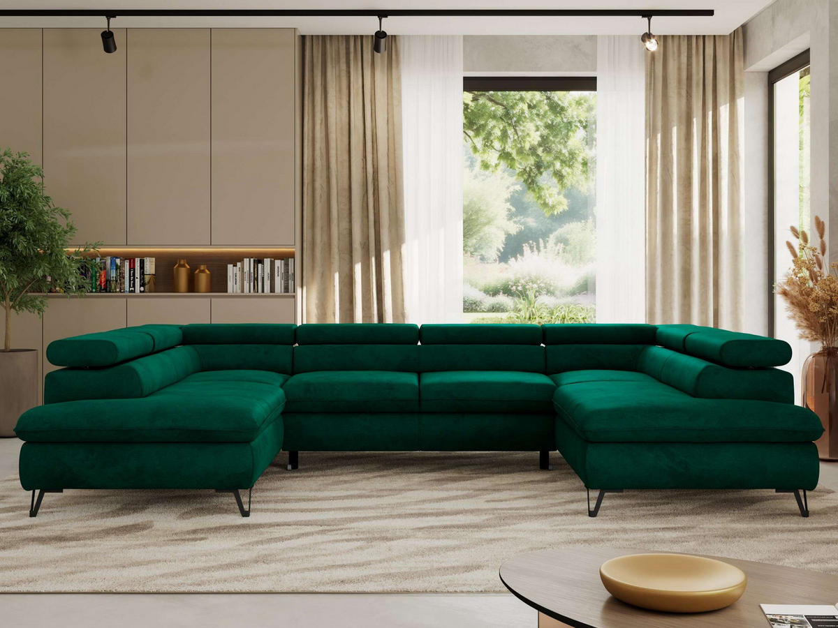 WOHNLANDSCHAFT PABLO U Velvet Dunkelgrün - Dunkelgrün/Schwarz, Textil/Metall (346/76/208cm) - MKS