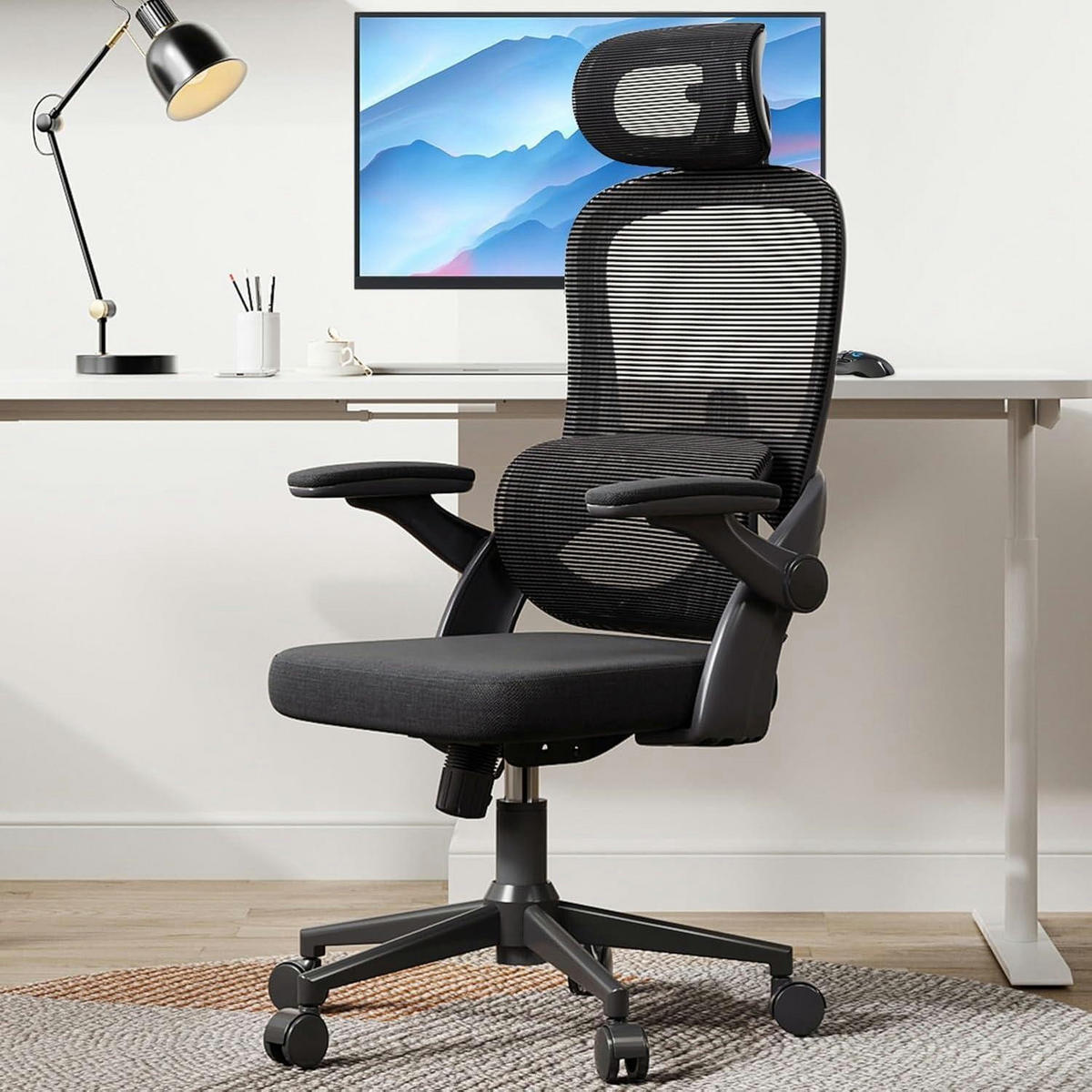 BÜROSTUHL M102C Ergonomisch mit Lendenwirbelstütze Schwarz - Schwarz, Textil (65/126/75cm)