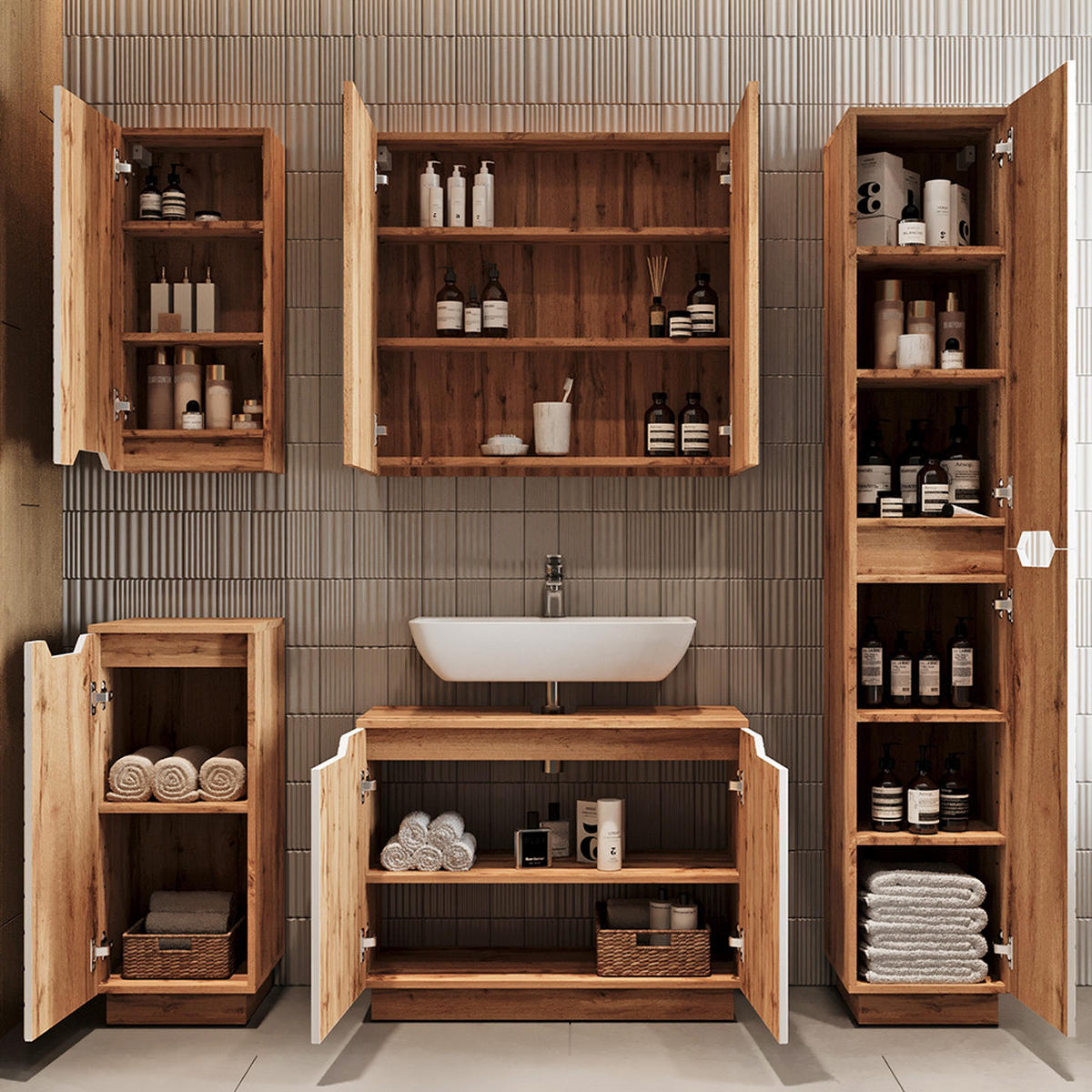 BADMÖBEL-SET Lotta Eiche/weiß gestreift 3 Teile - Eichefarben/Weiß, Holzwerkstoff (79.6/62.5/32cm) - Vicco