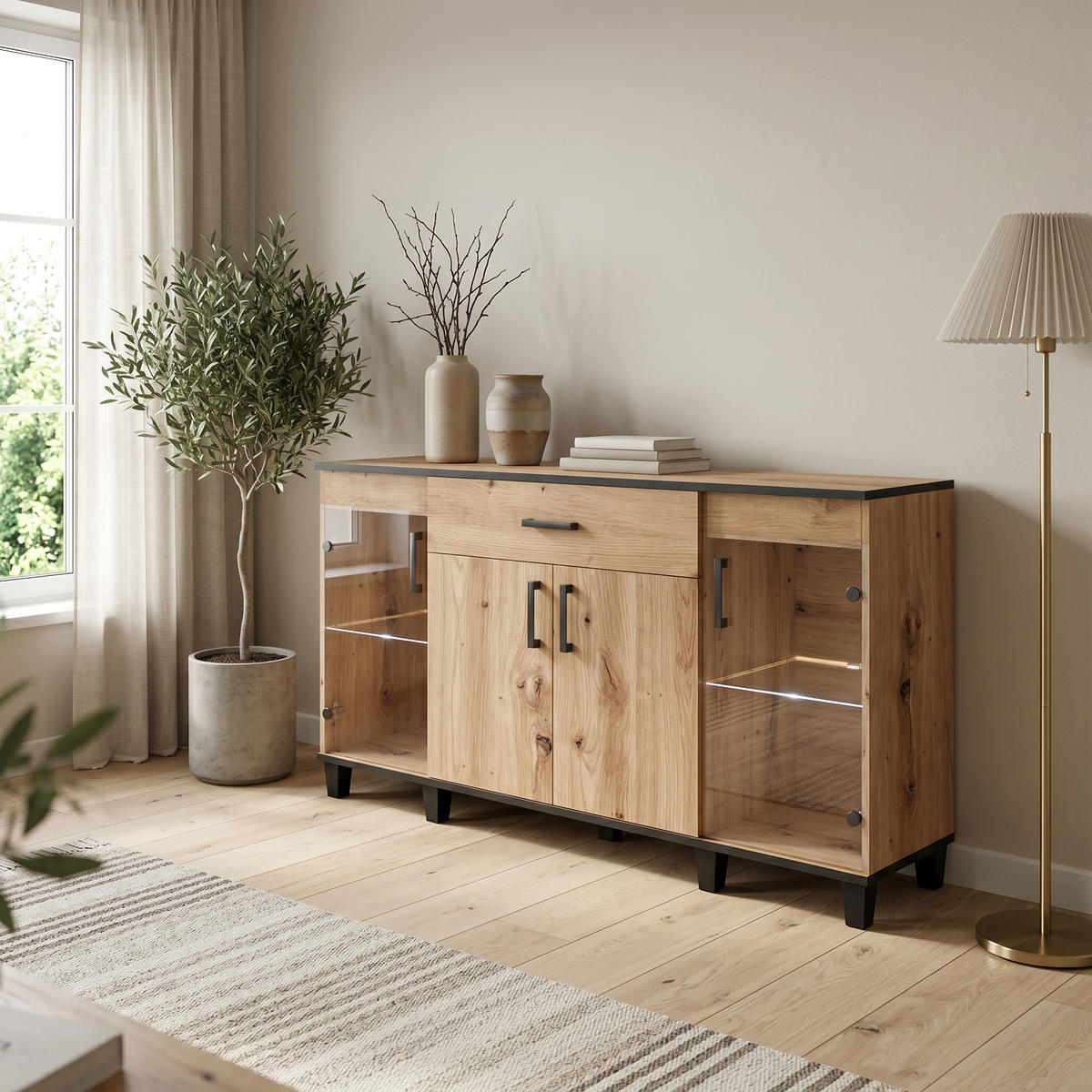 KOMMODE CORTEZA 160/90/40cm mit 1 Schubladen 4 Türen Eiche Artisan - Eiche Artisan, Holzwerkstoff (160/90/40cm) - MASSENO