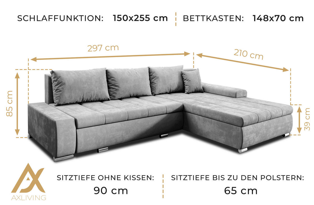 ECKSOFA L Form Tunceli Beige 297/210/85 cm – modernes Sofa fürs Wohnzimmer - Beige/Silberfarben, Textil/Metall (297/210cm) - AX Living