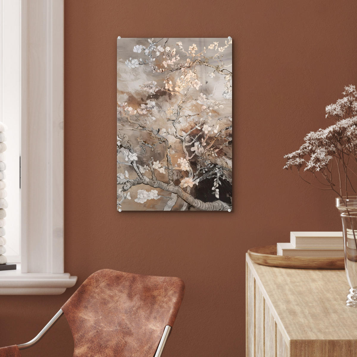ACRYLGLASBILD Mandelblüte - Kunst - Van Gogh - Beige - Abstrakt 40x60 cm - Braun, Glas (40/60cm) - MuchoWow