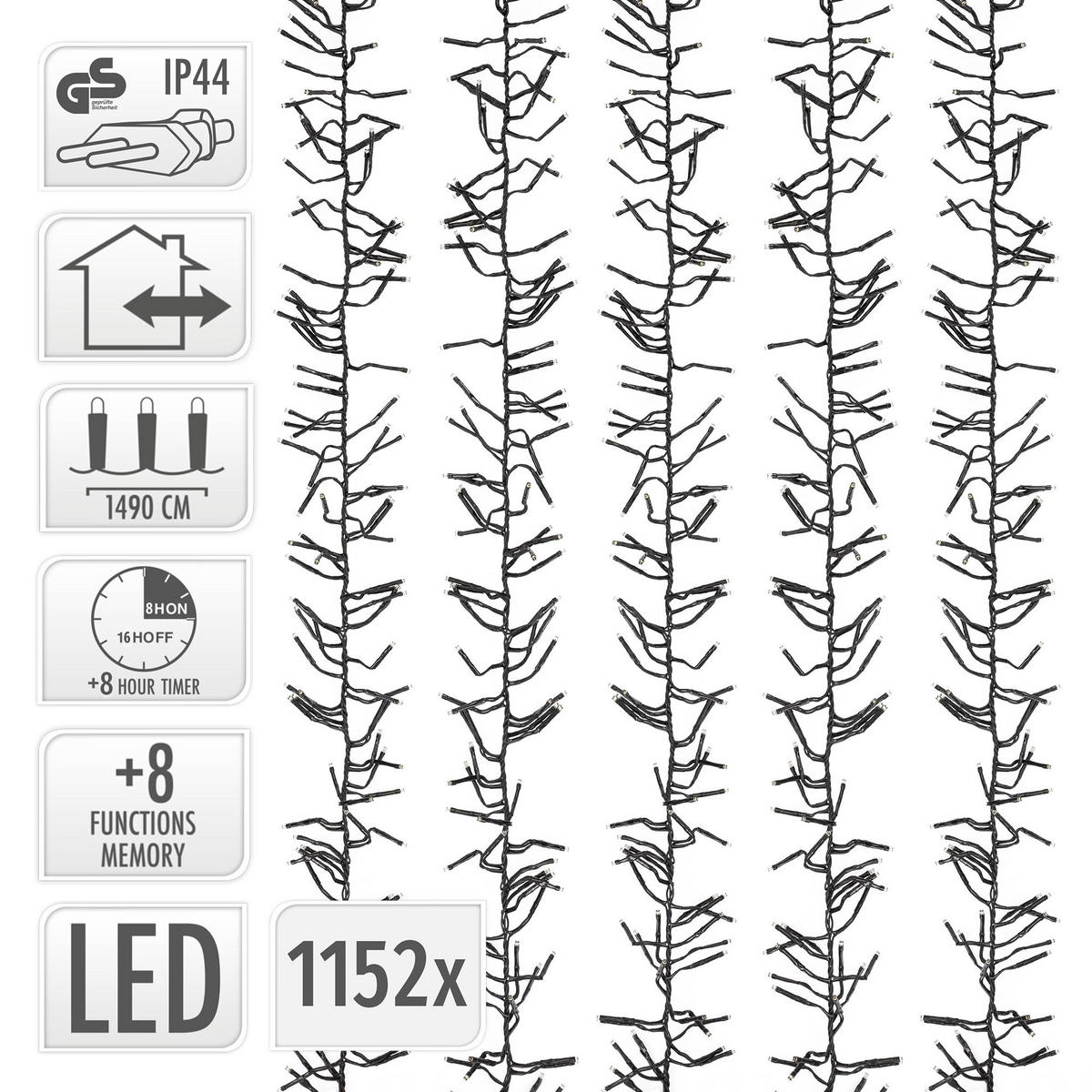 LED světelný řetěz typu „cluster“ pro vnitřní i venkovní použití, 14,9 m, vánoční osvětlení, 1152 LED, teplá bílá - bílá, plast (1452cm) - ECD-Germany